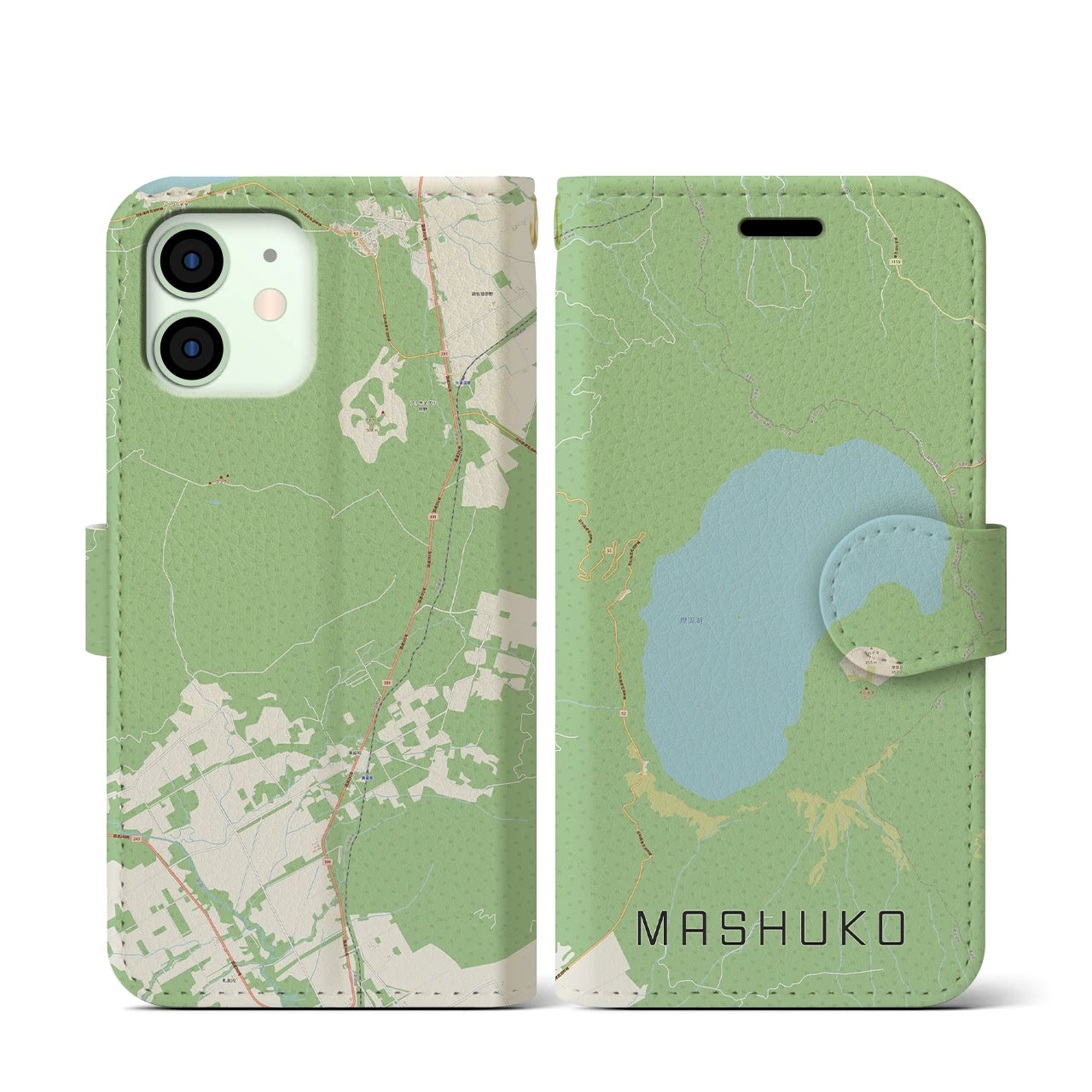 【摩周湖(北海道)】地図柄iPhoneケース(手帳タイプ)ナチュラル・iPhone 12 mini 用