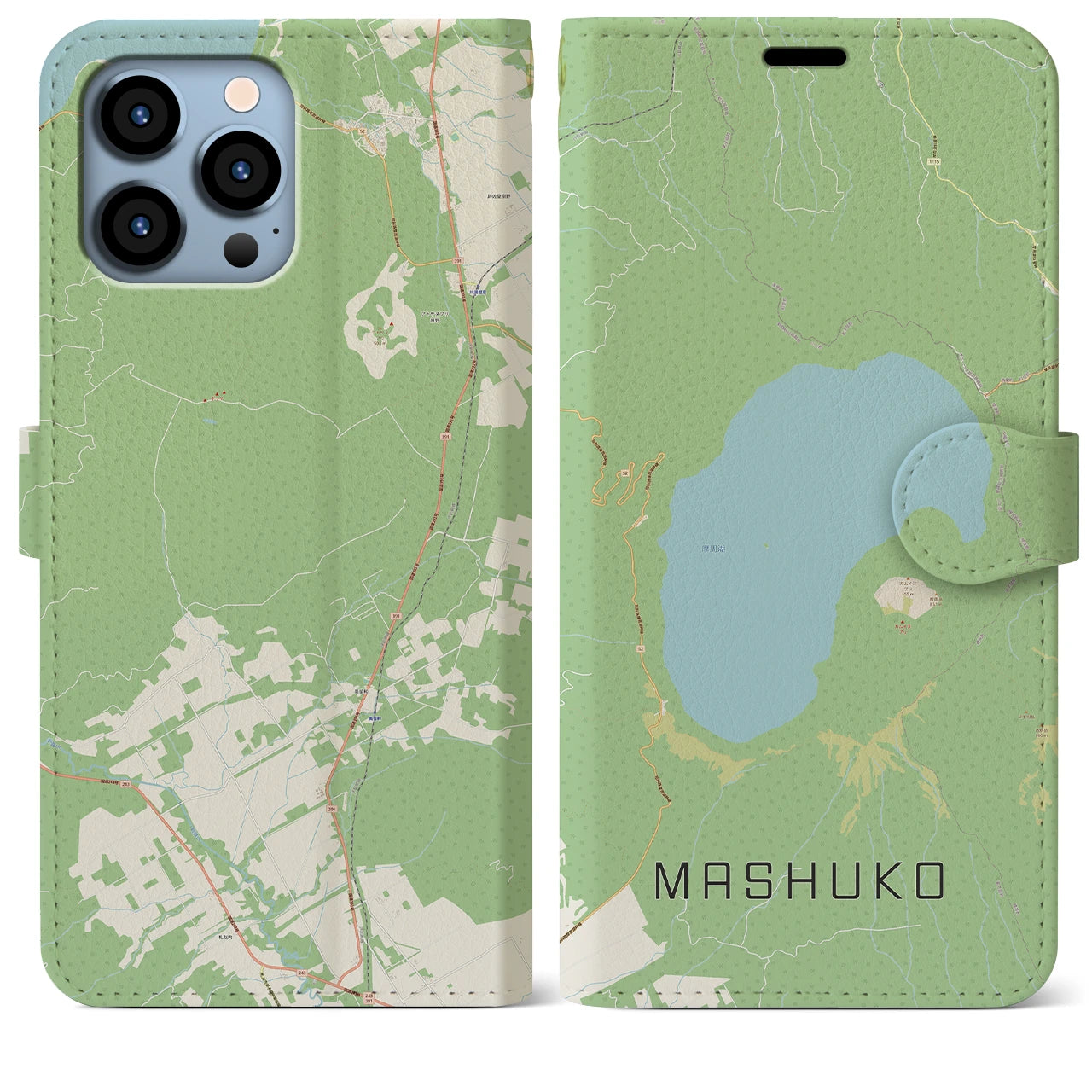 【摩周湖(北海道)】地図柄iPhoneケース(手帳タイプ)ナチュラル・iPhone 13 Pro Max 用