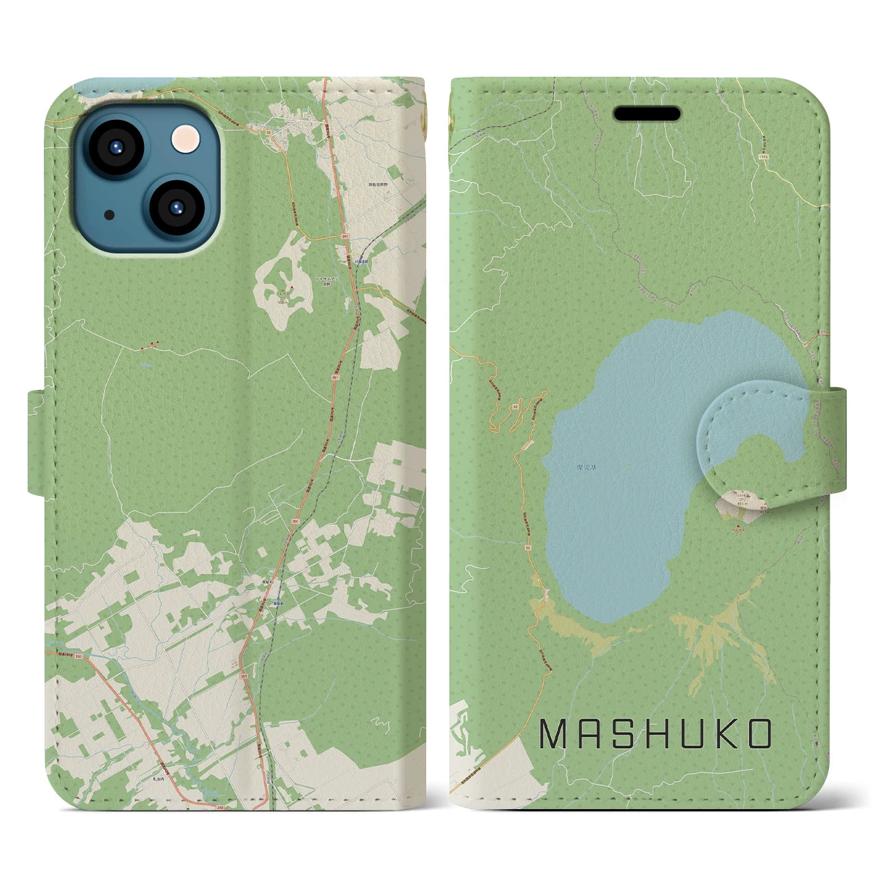 【摩周湖(北海道)】地図柄iPhoneケース(手帳タイプ)ナチュラル・iPhone 13 用
