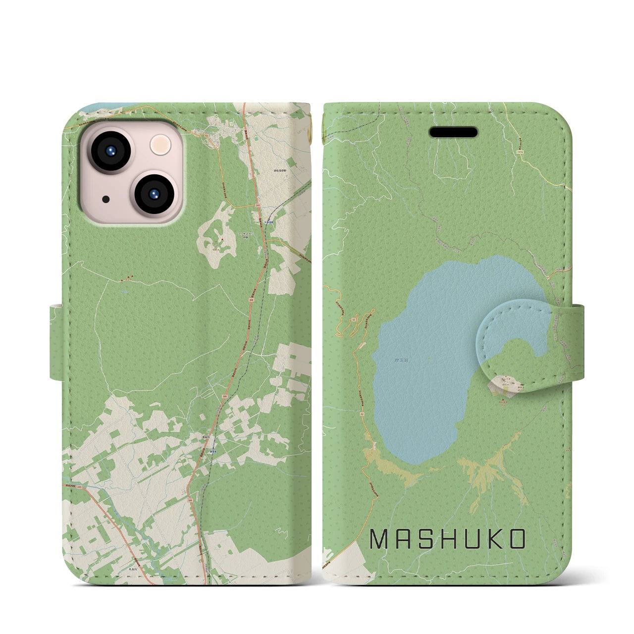 【摩周湖(北海道)】地図柄iPhoneケース(手帳タイプ)ナチュラル・iPhone 13 mini 用