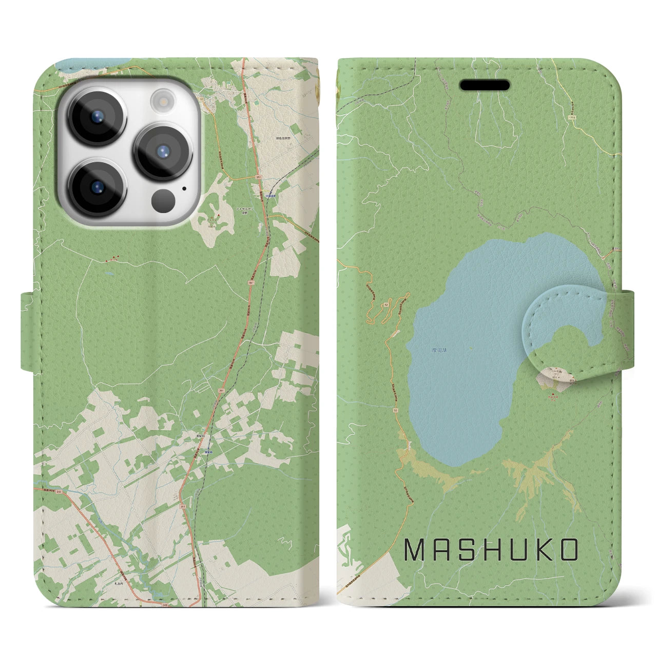 【摩周湖(北海道)】地図柄iPhoneケース(手帳タイプ)ナチュラル・iPhone 14 Pro 用