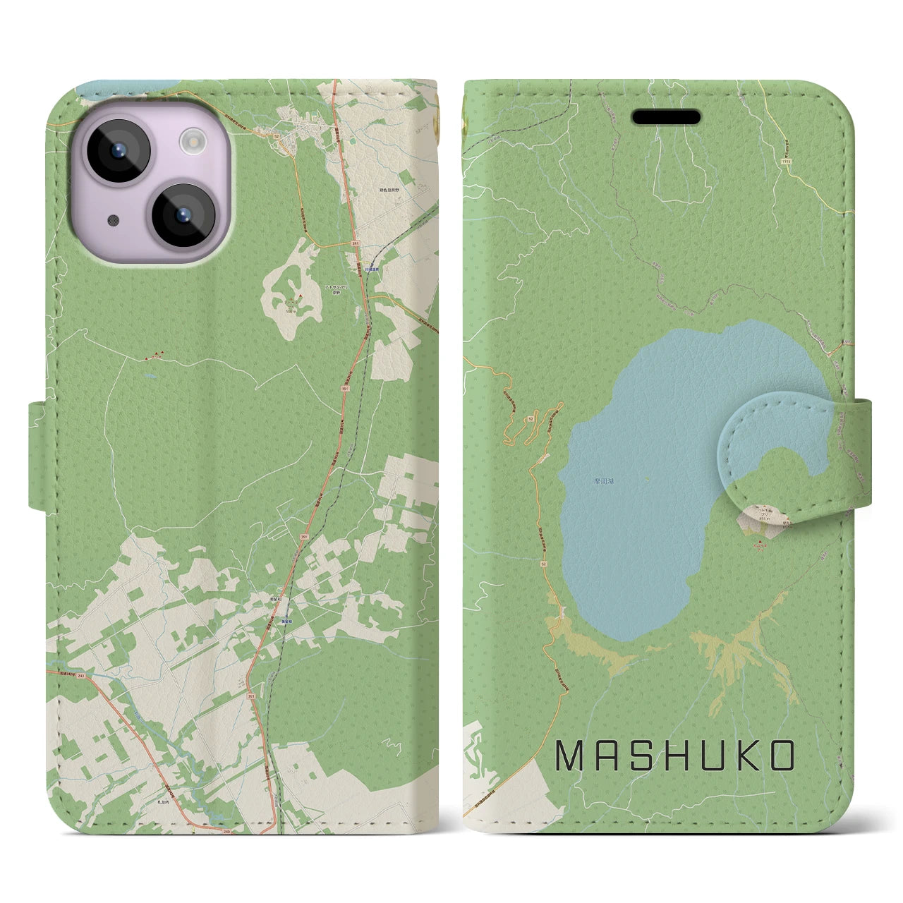 【摩周湖(北海道)】地図柄iPhoneケース(手帳タイプ)ナチュラル・iPhone 14 用
