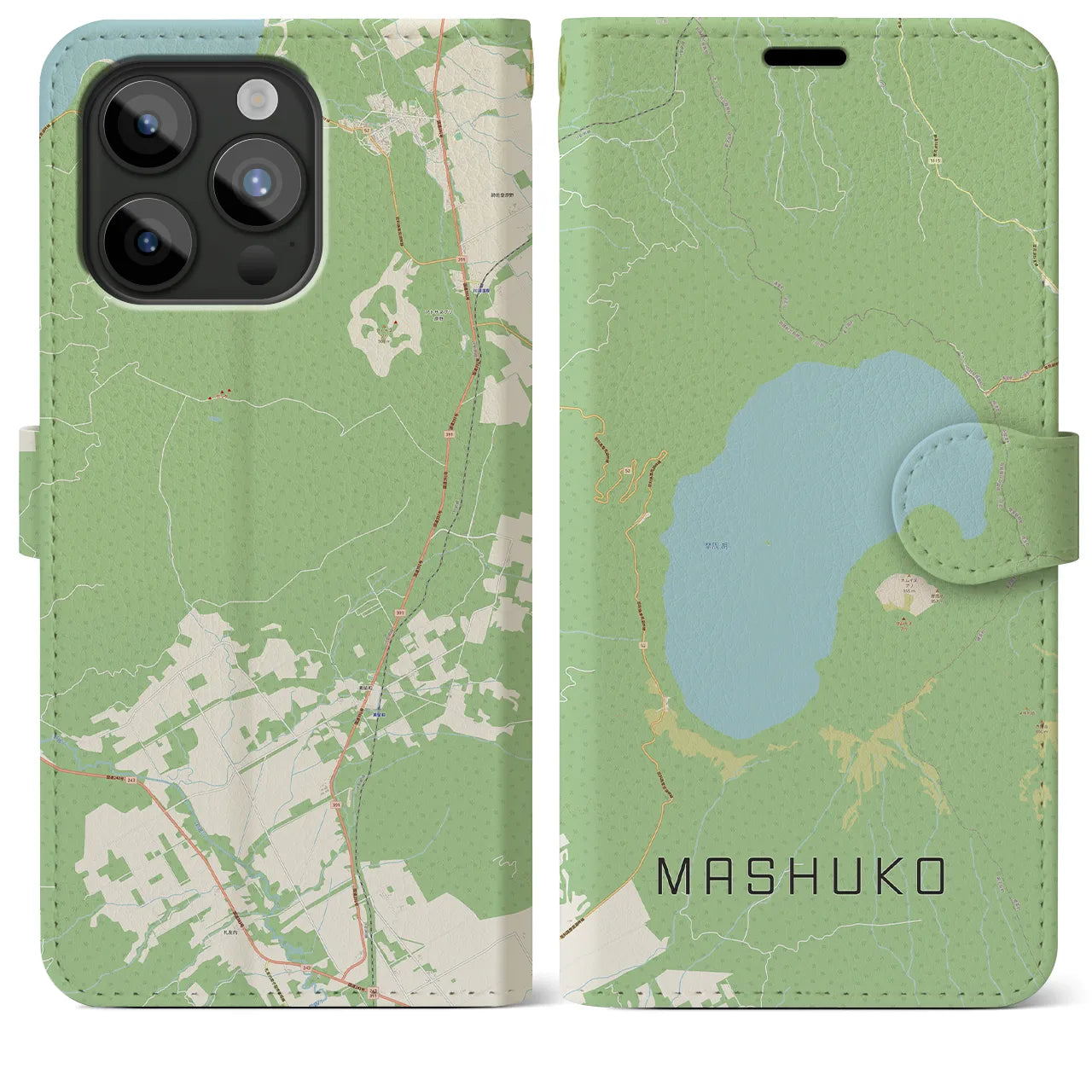 【摩周湖(北海道)】地図柄iPhoneケース(手帳タイプ)ナチュラル・iPhone 15 Pro Max 用