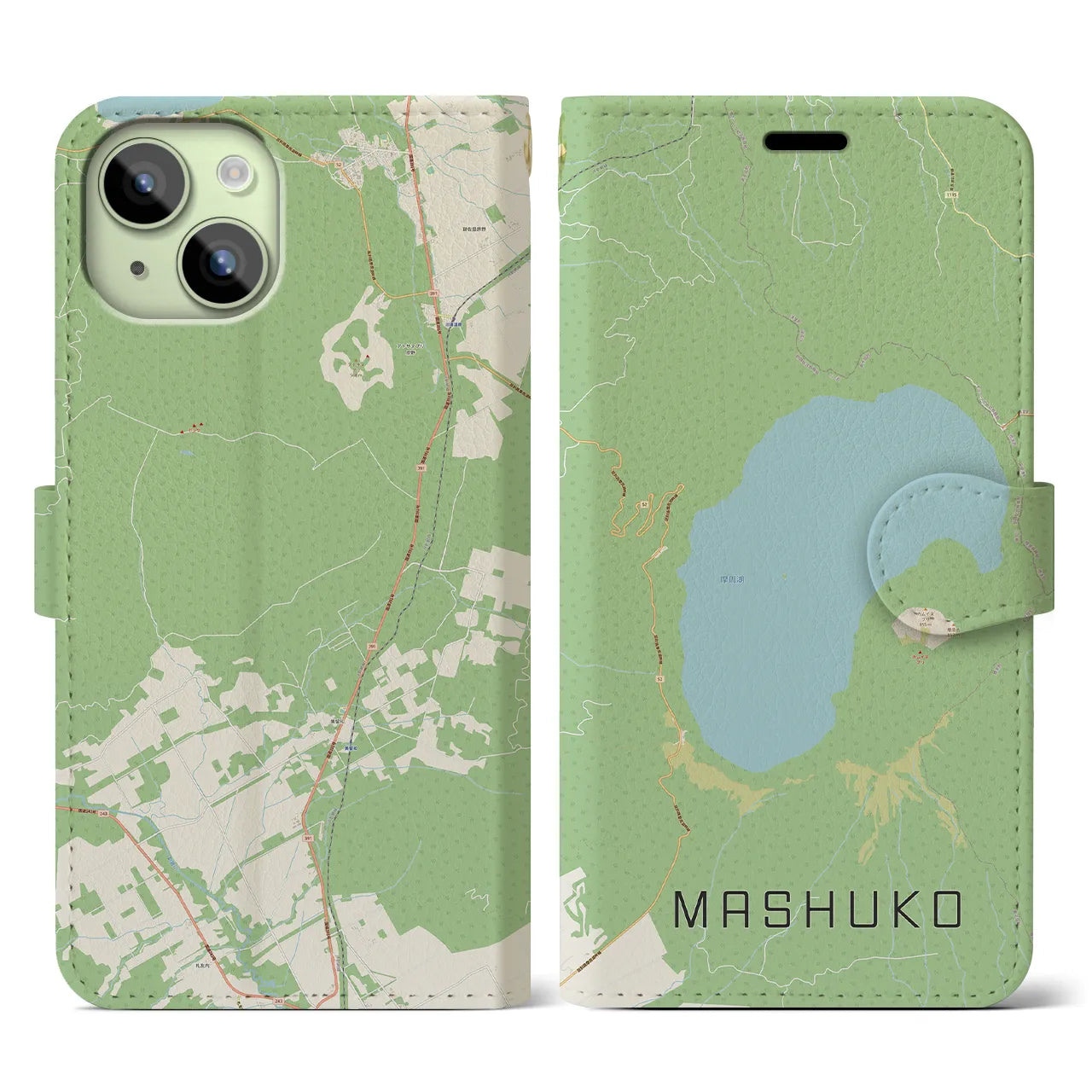 【摩周湖(北海道)】地図柄iPhoneケース(手帳タイプ)ナチュラル・iPhone 15 用