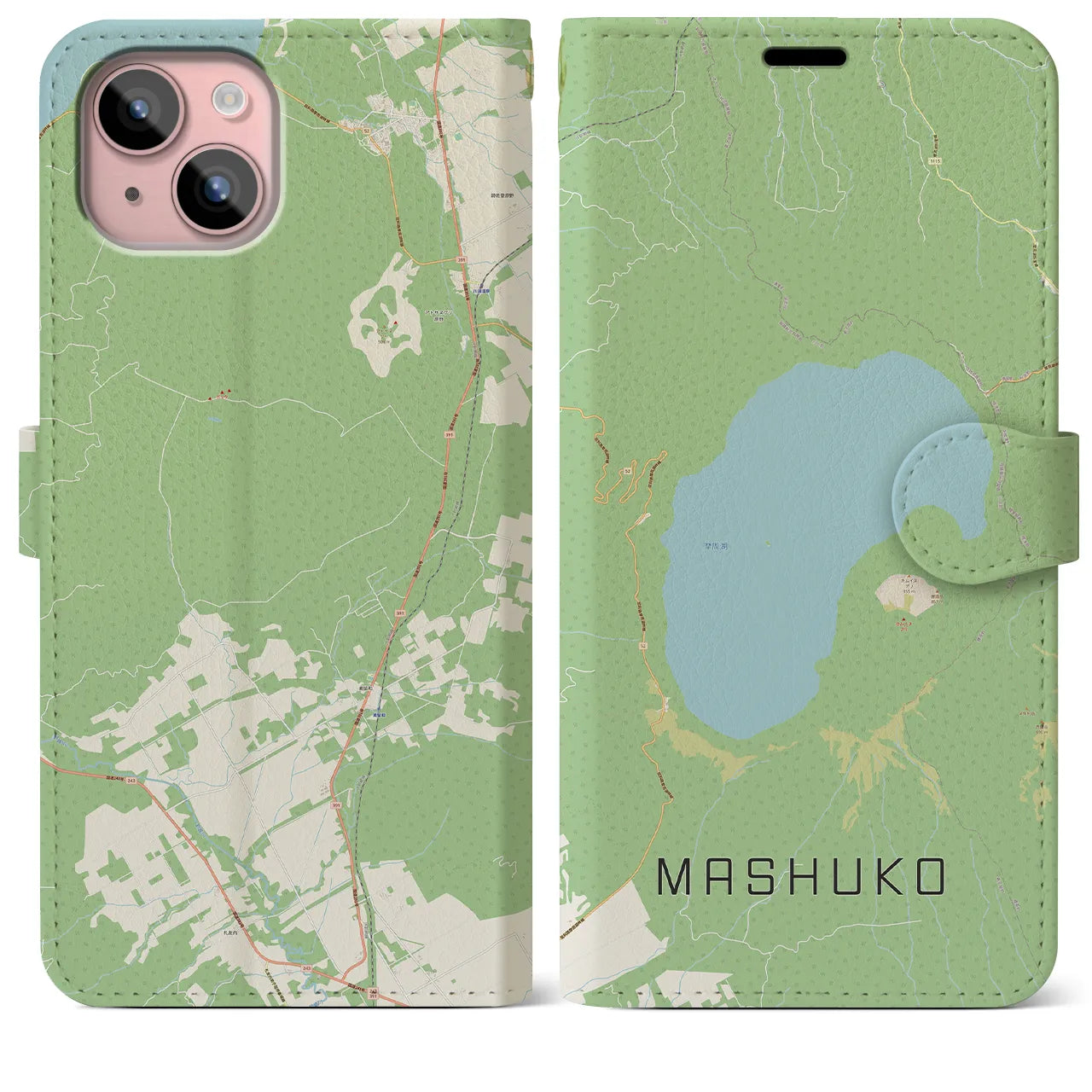 【摩周湖(北海道)】地図柄iPhoneケース(手帳タイプ)ナチュラル・iPhone 15 Plus 用