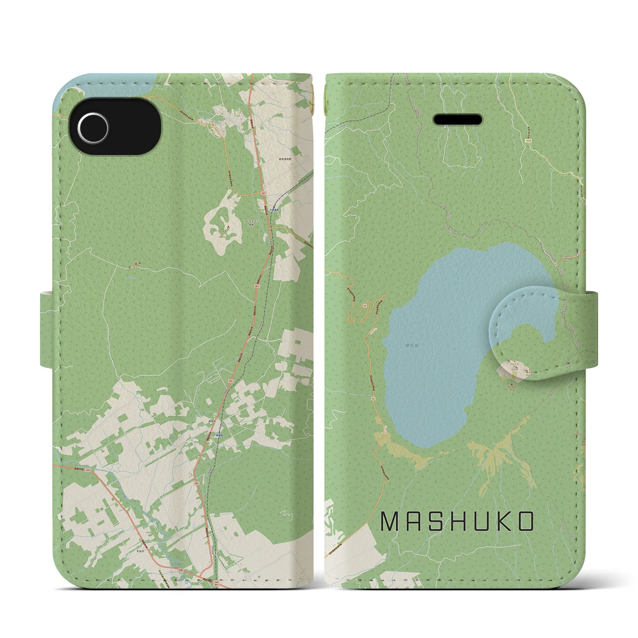 【摩周湖(北海道)】地図柄iPhoneケース(手帳タイプ)ナチュラル・iPhone SE(第3 / 第2世代) / 8 / 7 / 6s / 6 用