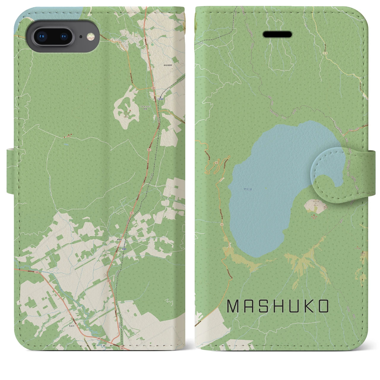 【摩周湖(北海道)】地図柄iPhoneケース(手帳タイプ)ナチュラル・iPhone 8Plus /7Plus / 6sPlus / 6Plus 用