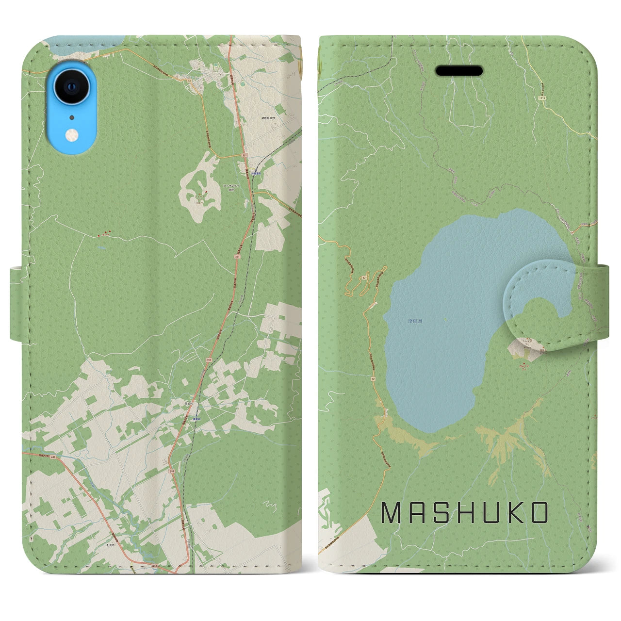 【摩周湖(北海道)】地図柄iPhoneケース(手帳タイプ)ナチュラル・iPhone XR 用