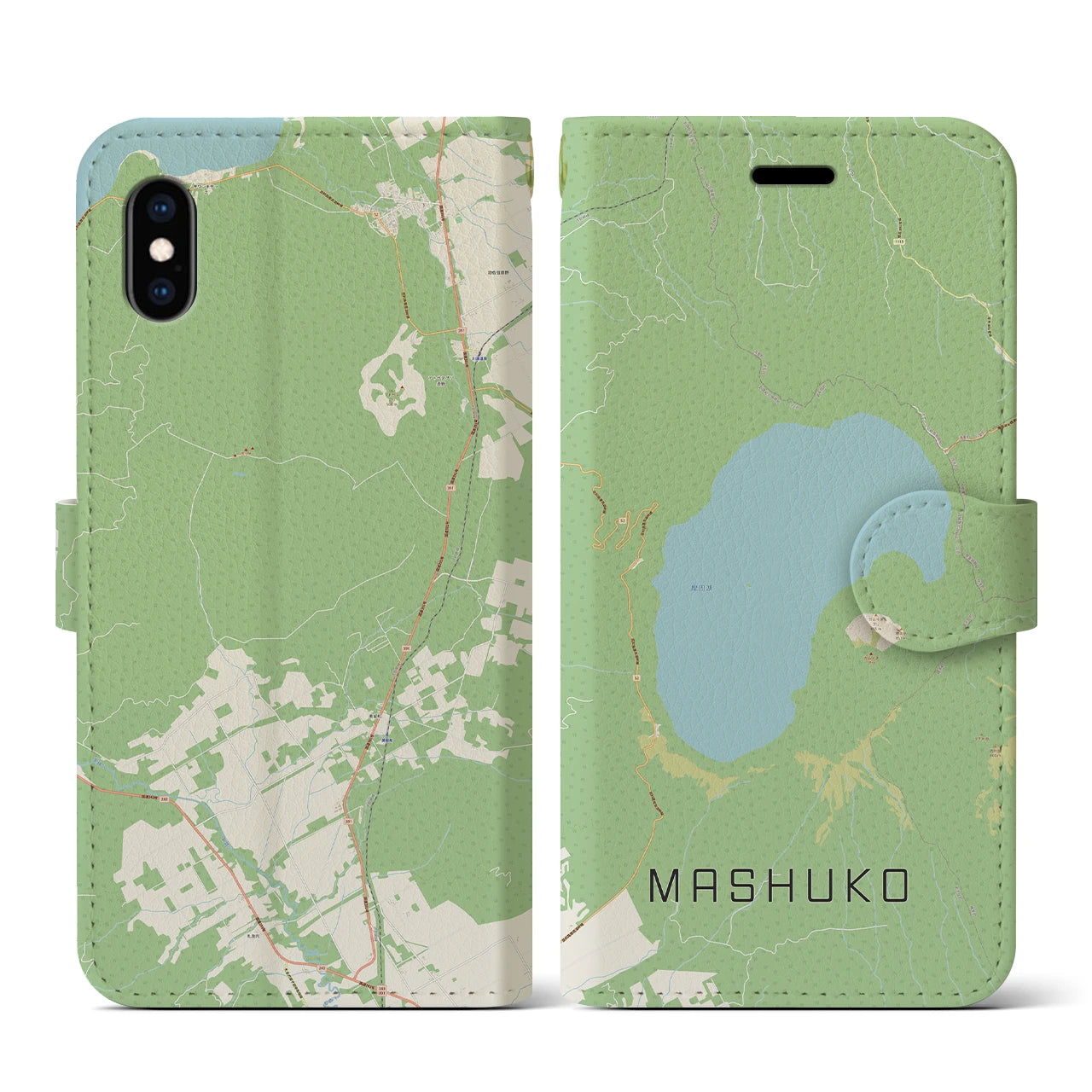 【摩周湖(北海道)】地図柄iPhoneケース(手帳タイプ)ナチュラル・iPhone XS / X 用