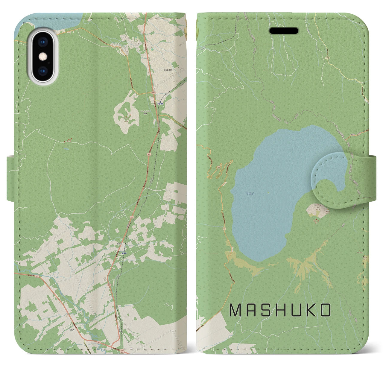 【摩周湖(北海道)】地図柄iPhoneケース(手帳タイプ)ナチュラル・iPhone XS Max 用