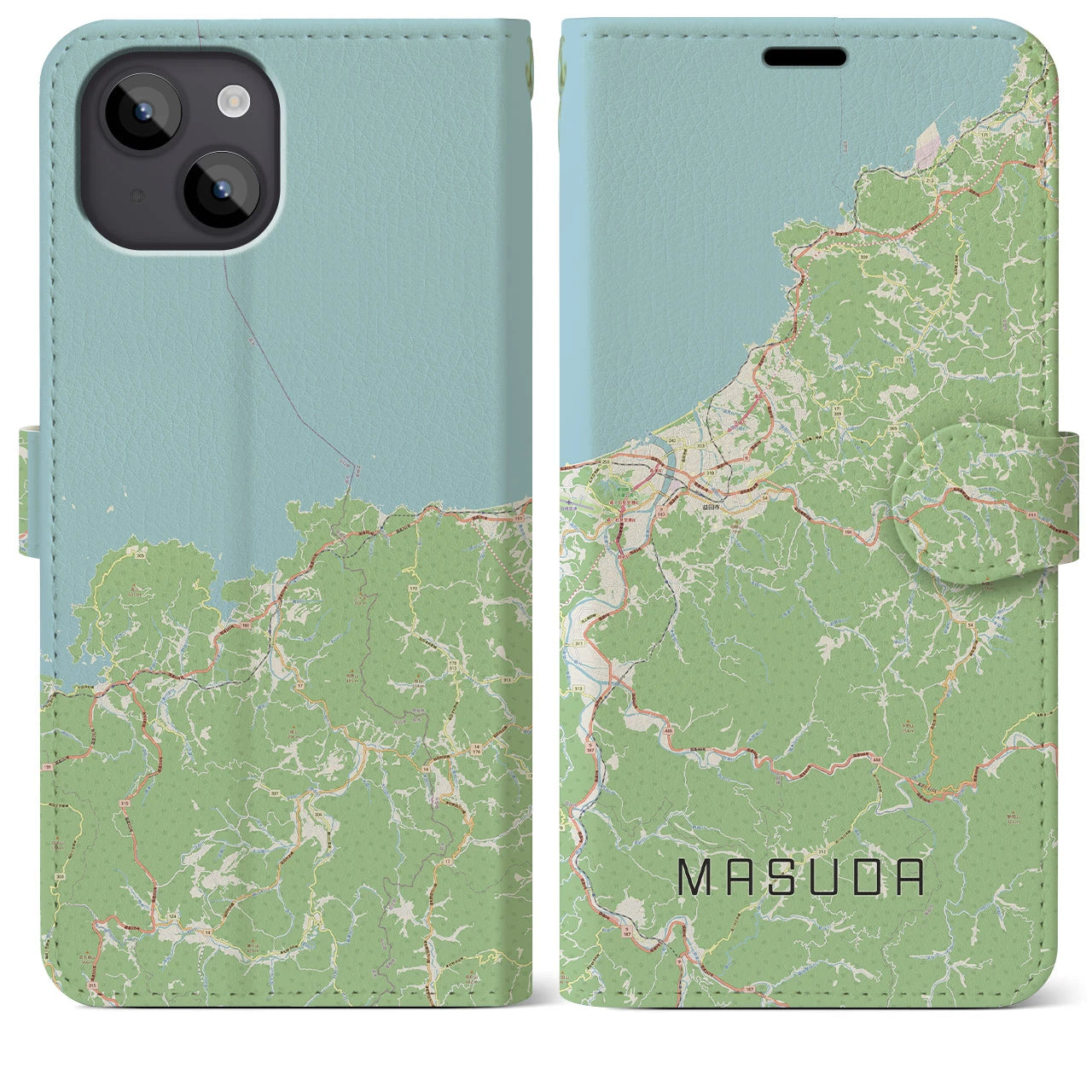 【益田(島根県)】地図柄iPhoneケース(手帳タイプ)ナチュラル・iPhone 14 Plus 用
