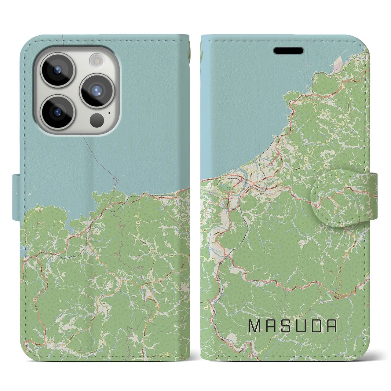【益田(島根県)】地図柄iPhoneケース(手帳タイプ)ナチュラル・iPhone 15 Pro 用