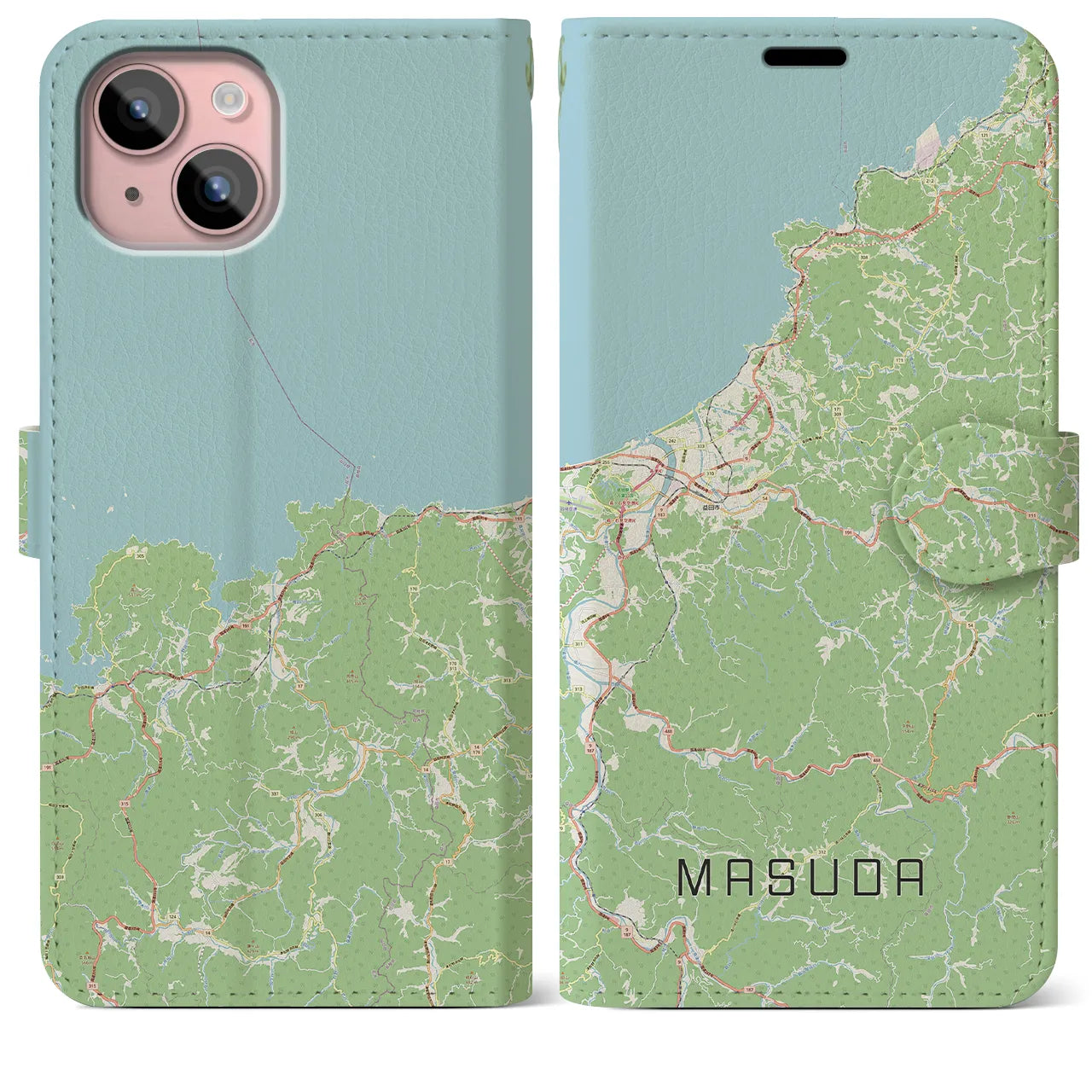 【益田(島根県)】地図柄iPhoneケース(手帳タイプ)ナチュラル・iPhone 15 Plus 用