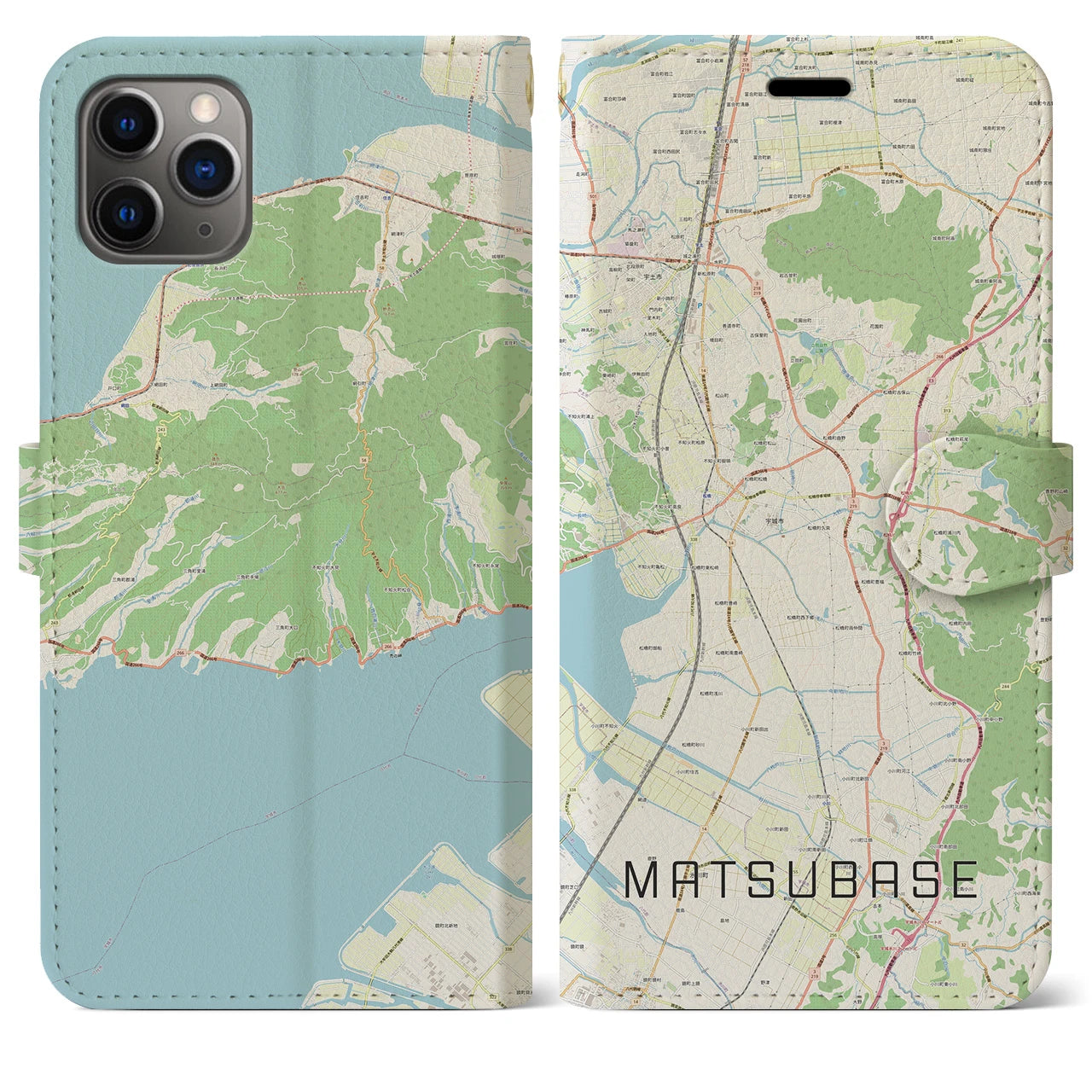 【松橋(熊本県)】地図柄iPhoneケース(手帳タイプ)ナチュラル・iPhone 11 Pro Max 用
