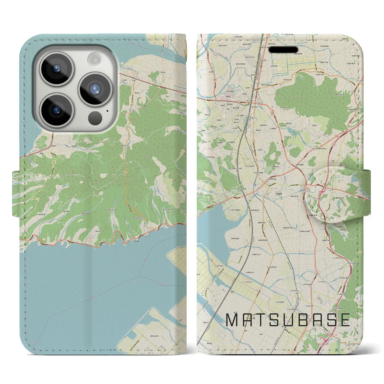 【松橋(熊本県)】地図柄iPhoneケース(手帳タイプ)ナチュラル・iPhone 15 Pro 用