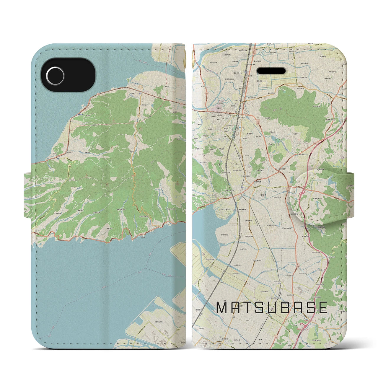 【松橋(熊本県)】地図柄iPhoneケース(手帳タイプ)ナチュラル・iPhone SE(第3 / 第2世代) / 8 / 7 / 6s / 6 用