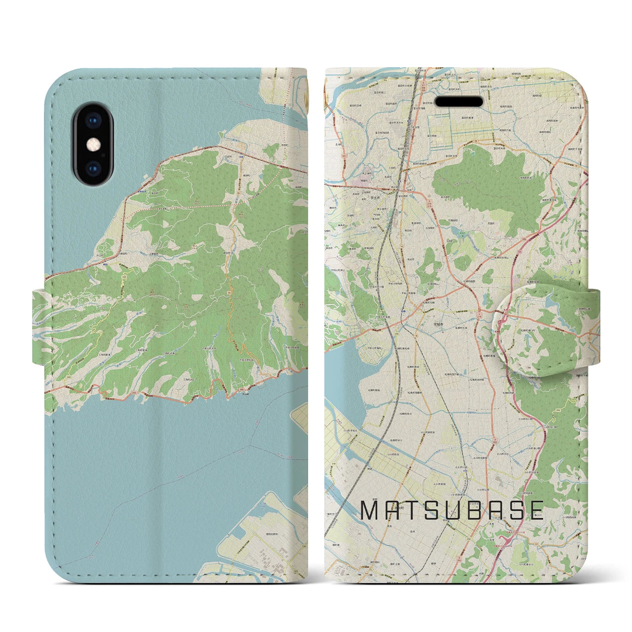 【松橋(熊本県)】地図柄iPhoneケース(手帳タイプ)ナチュラル・iPhone XS / X 用