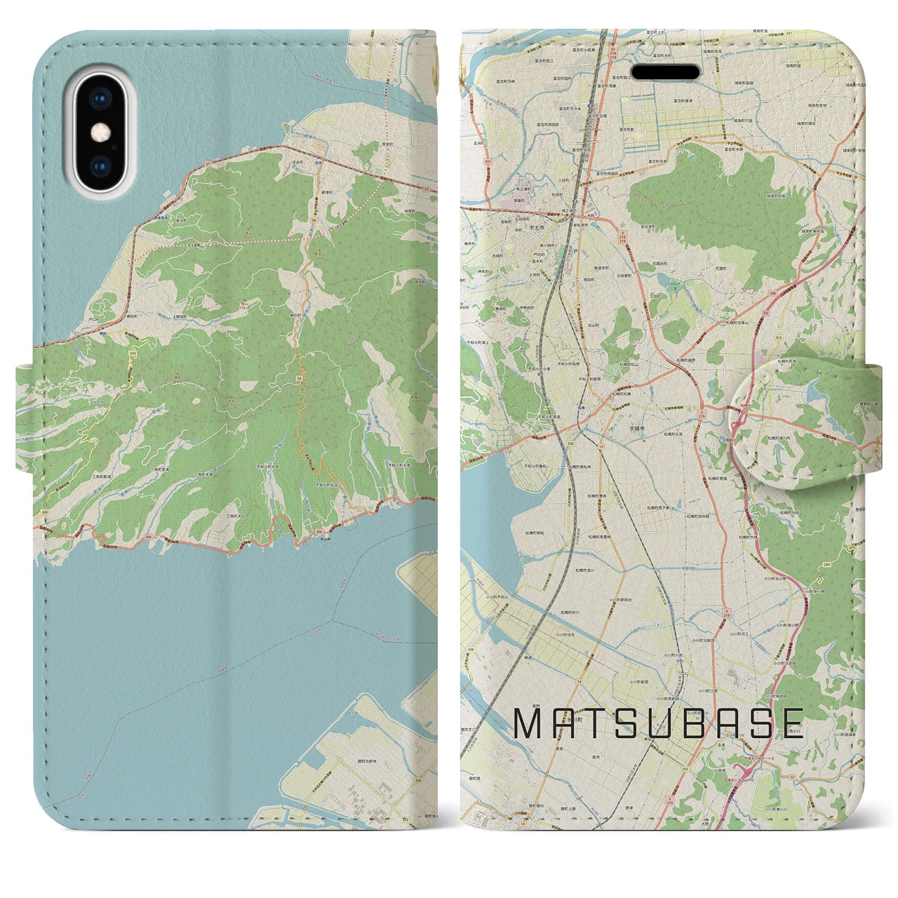 【松橋(熊本県)】地図柄iPhoneケース(手帳タイプ)ナチュラル・iPhone XS Max 用