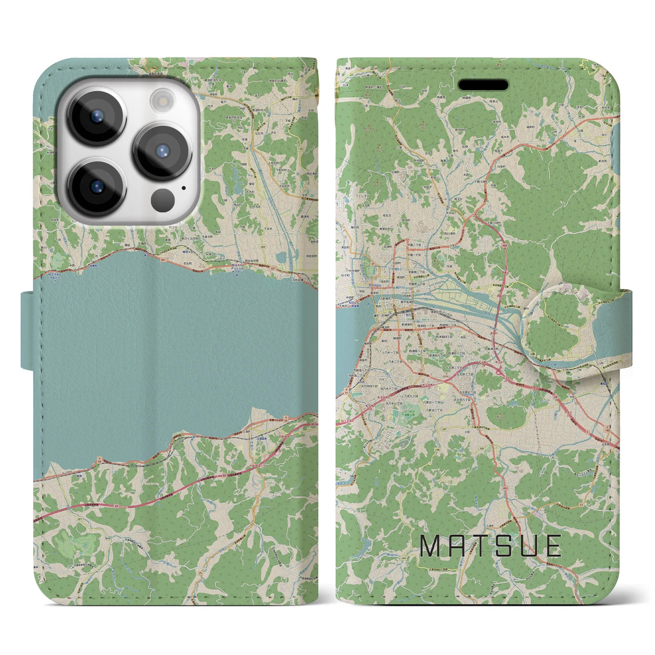 【松江(島根県)】地図柄iPhoneケース(手帳タイプ)ナチュラル・iPhone 14 Pro 用