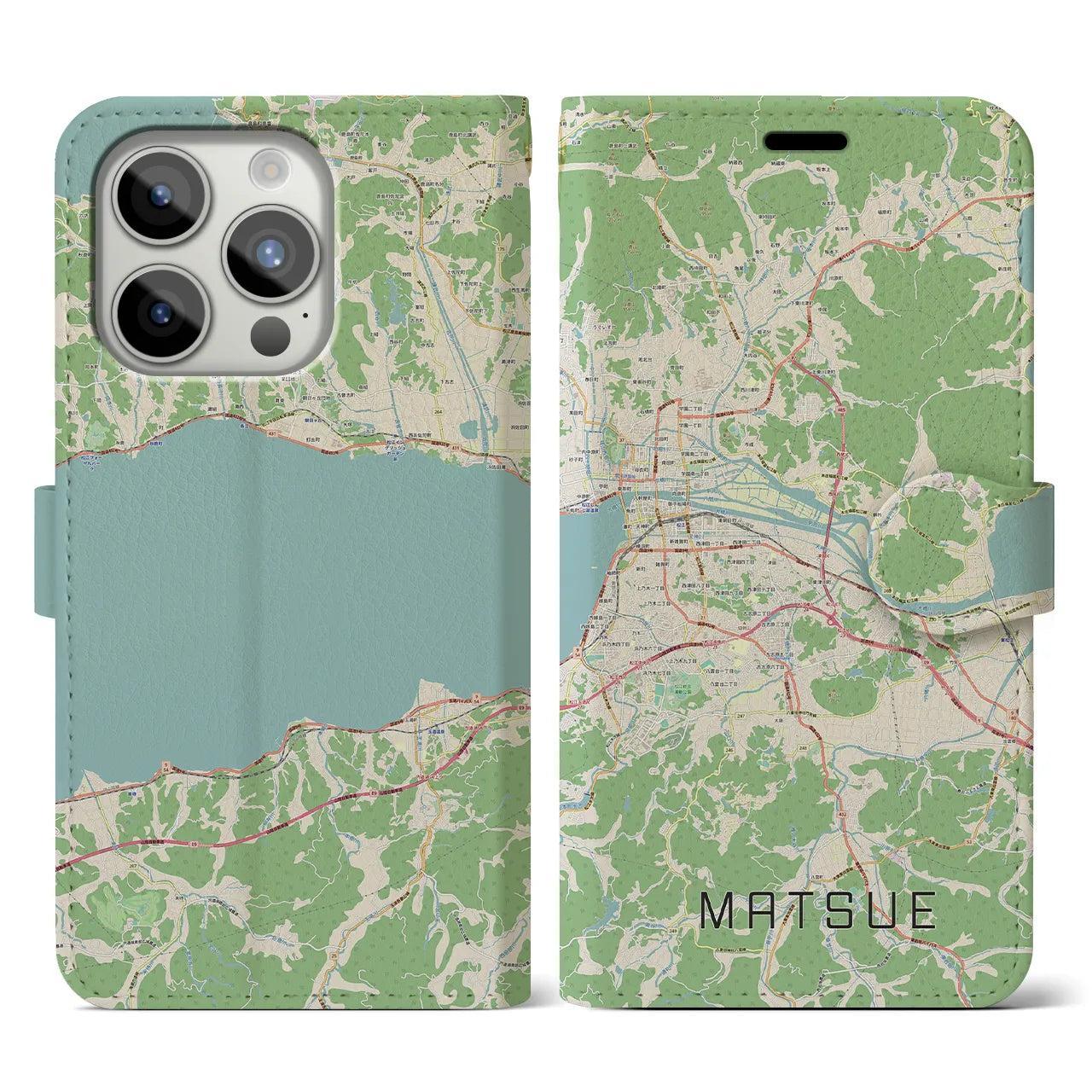 【松江(島根県)】地図柄iPhoneケース(手帳タイプ)ナチュラル・iPhone 15 Pro 用