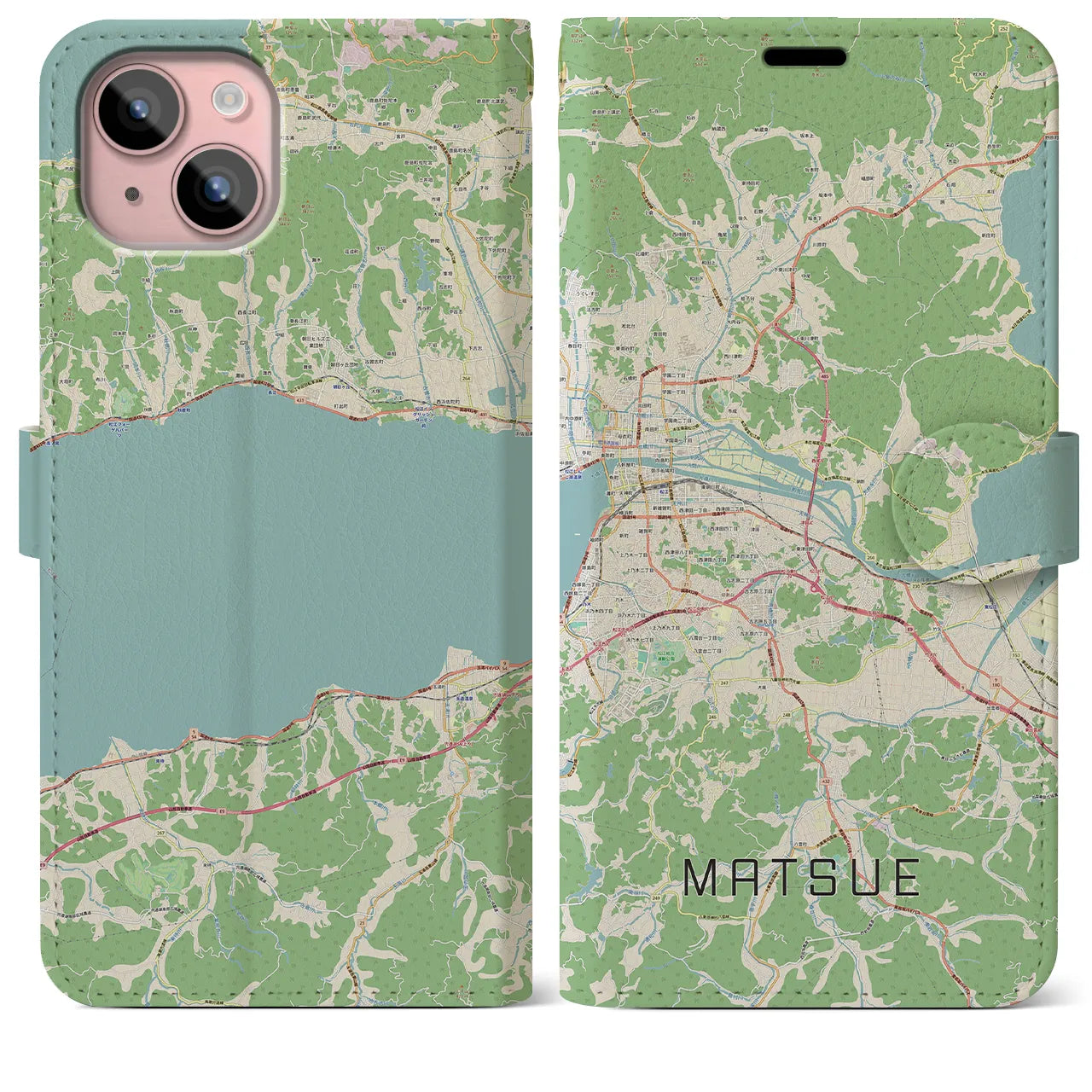 【松江(島根県)】地図柄iPhoneケース(手帳タイプ)ナチュラル・iPhone 15 Plus 用