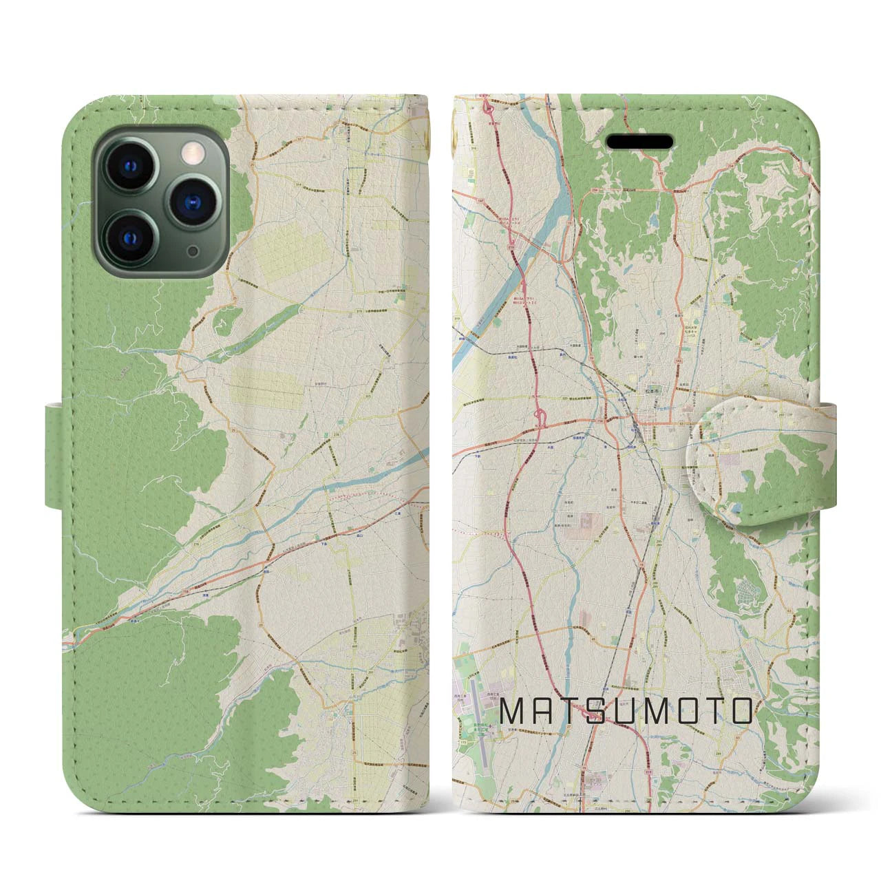 【松本(長野県)】地図柄iPhoneケース(手帳タイプ)ナチュラル・iPhone 11 Pro 用