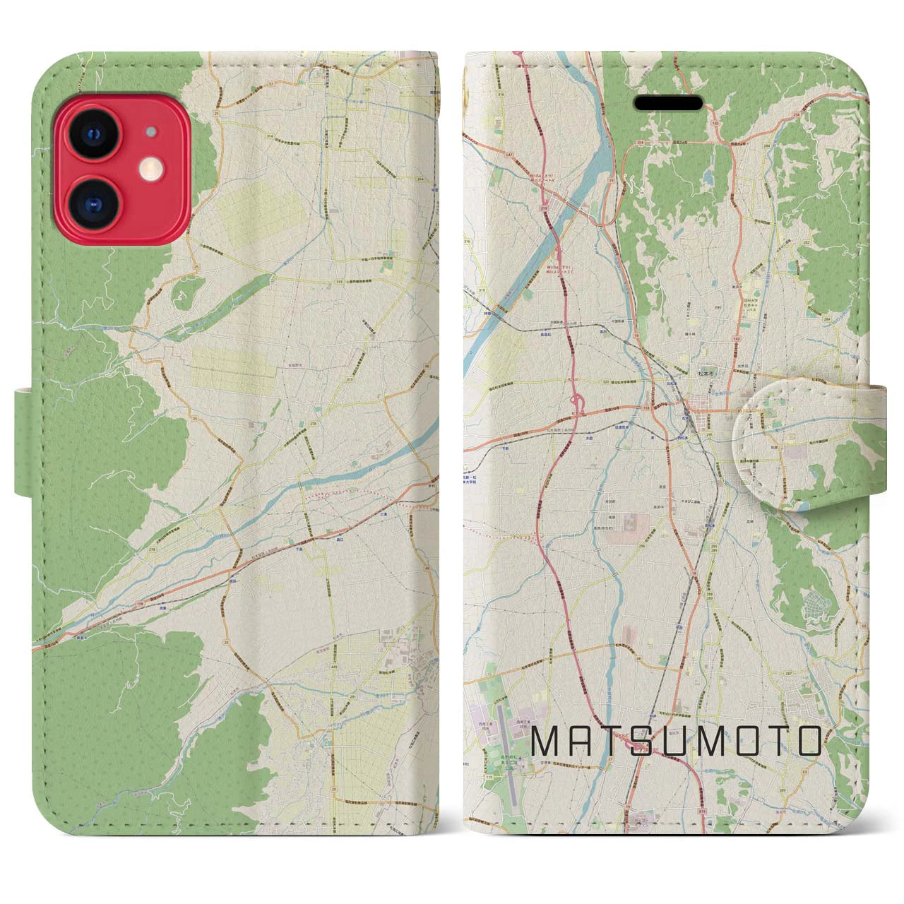 【松本(長野県)】地図柄iPhoneケース(手帳タイプ)ナチュラル・iPhone 11 用