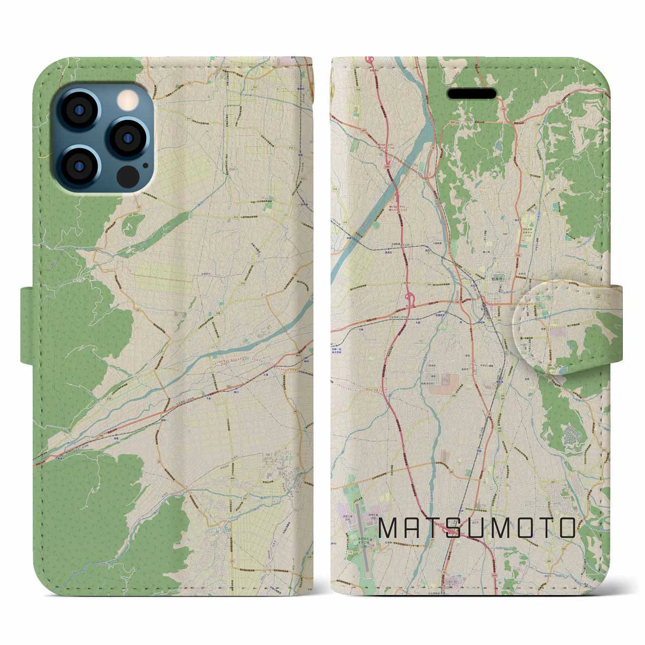 【松本(長野県)】地図柄iPhoneケース(手帳タイプ)ナチュラル・iPhone 12 / 12 Pro 用