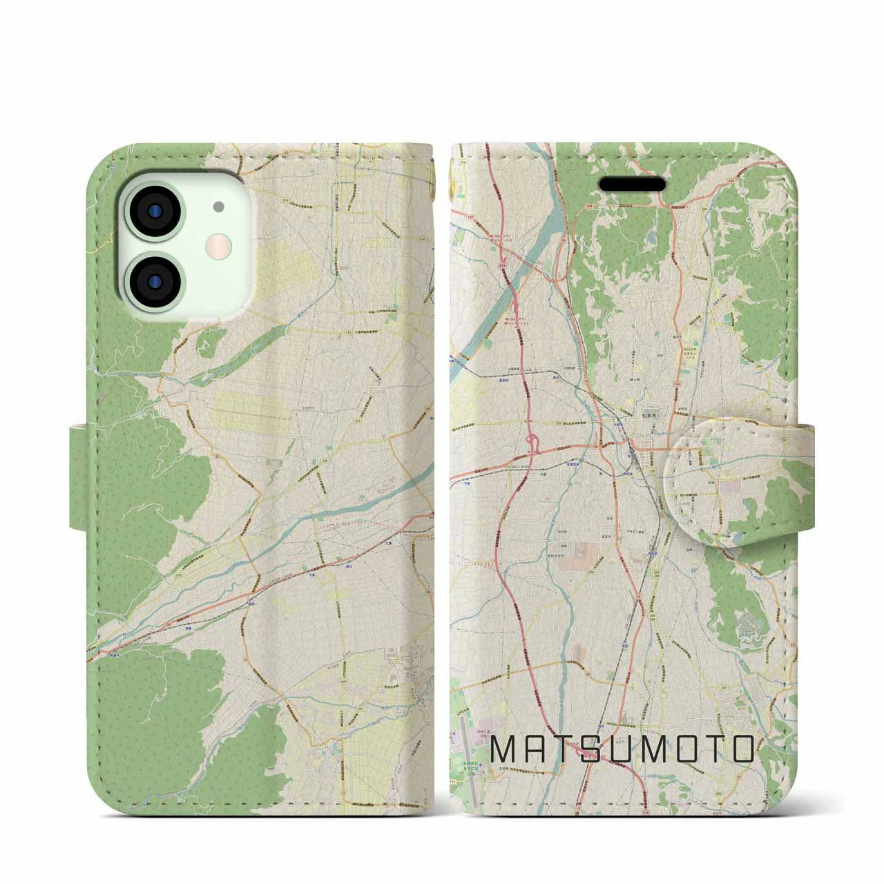 【松本(長野県)】地図柄iPhoneケース(手帳タイプ)ナチュラル・iPhone 12 mini 用
