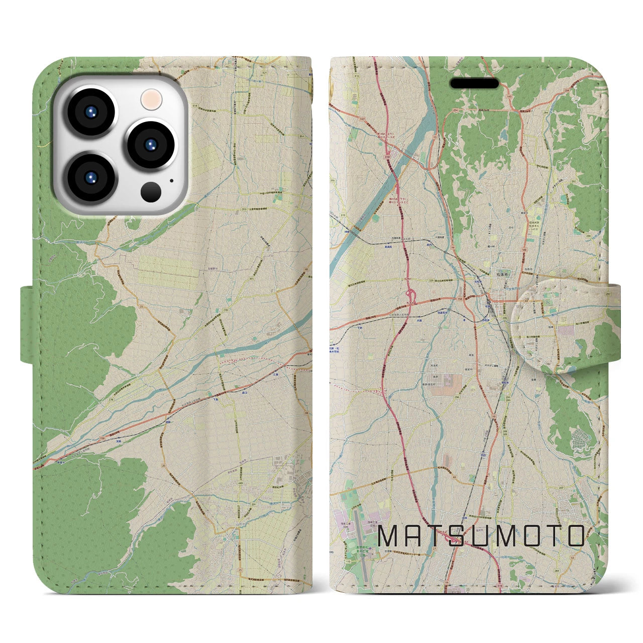 【松本(長野県)】地図柄iPhoneケース(手帳タイプ)ナチュラル・iPhone 13 Pro 用