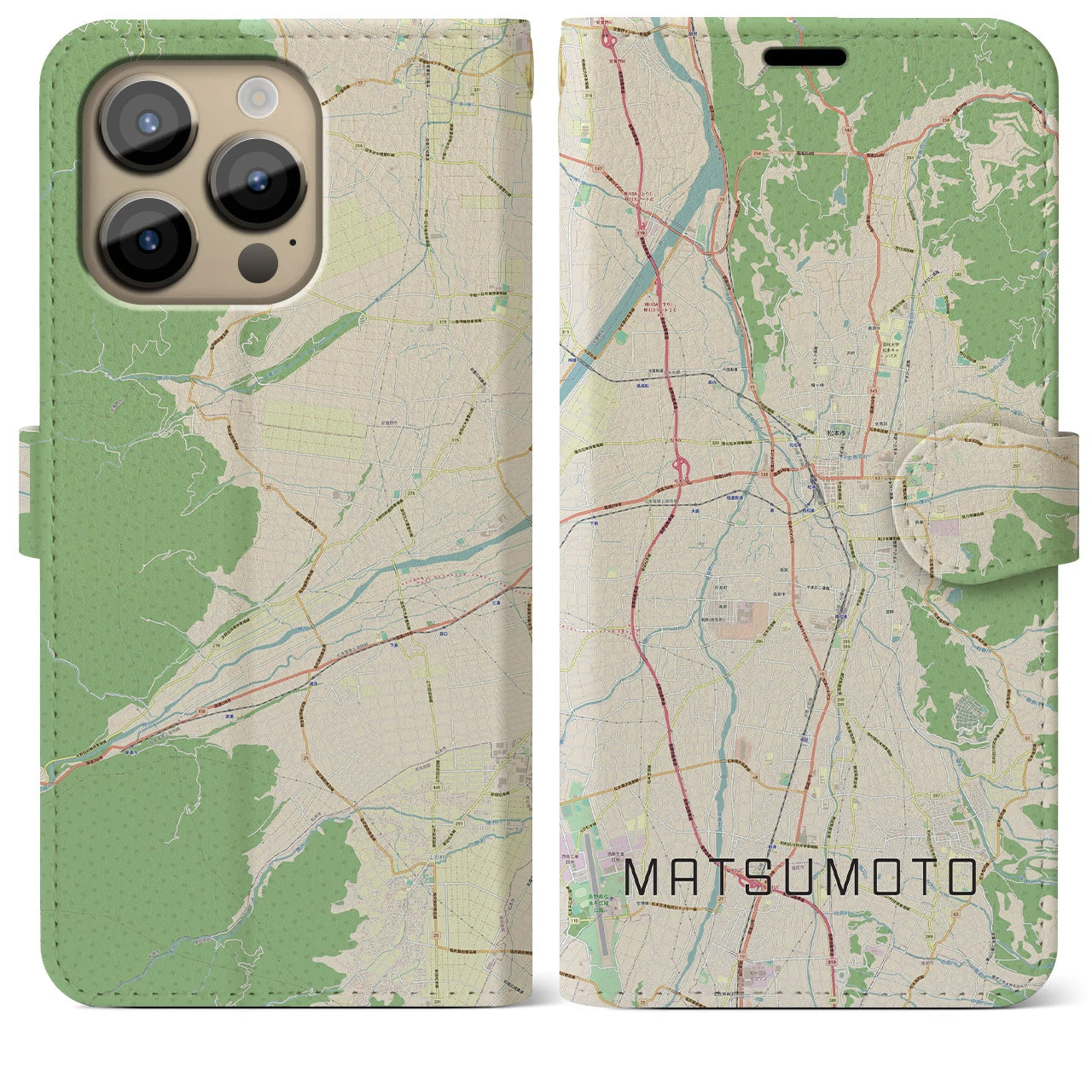 【松本(長野県)】地図柄iPhoneケース(手帳タイプ)ナチュラル・iPhone 14 Pro Max 用