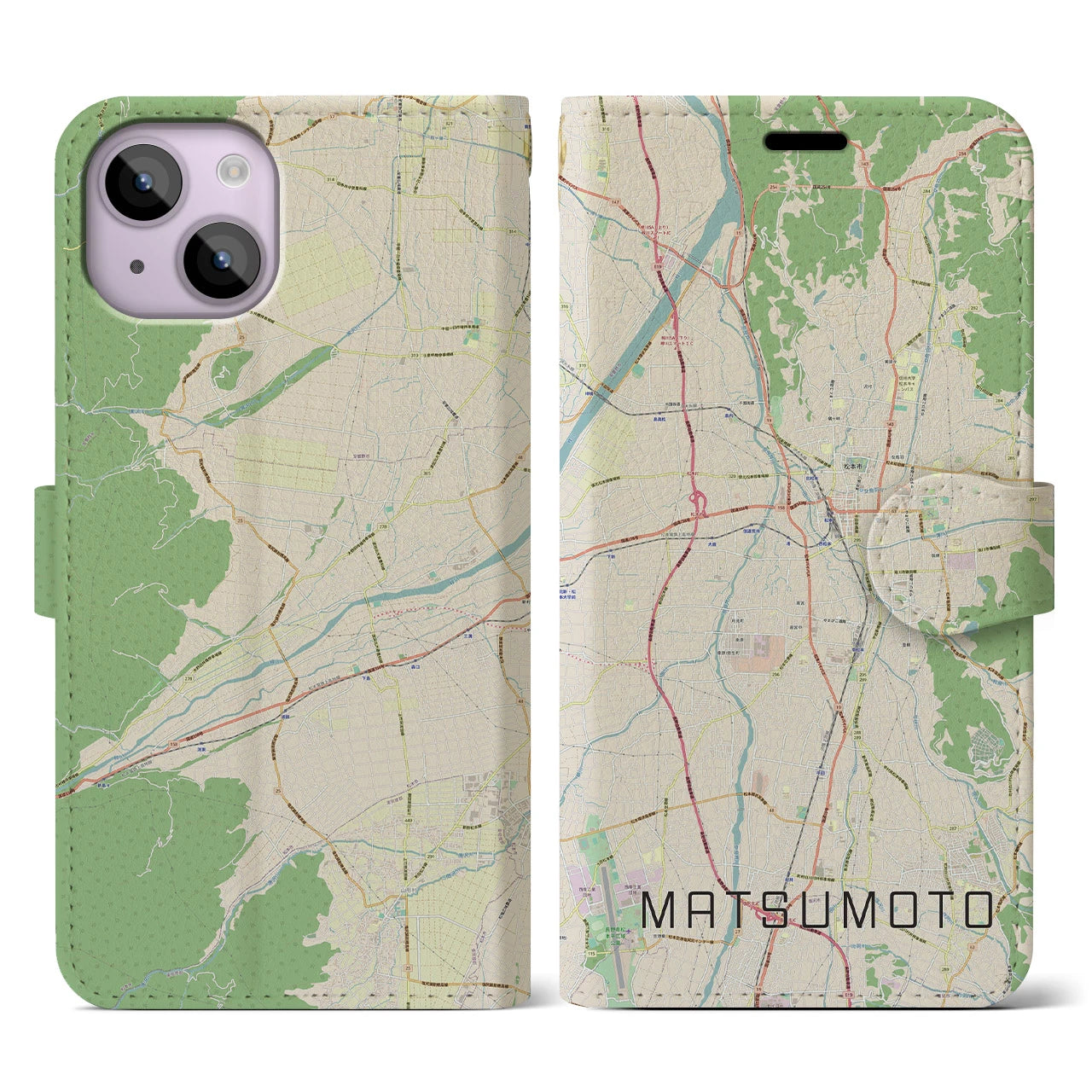 【松本(長野県)】地図柄iPhoneケース(手帳タイプ)ナチュラル・iPhone 14 用