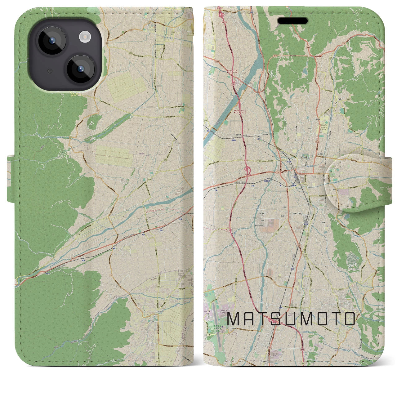 【松本(長野県)】地図柄iPhoneケース(手帳タイプ)ナチュラル・iPhone 14 Plus 用