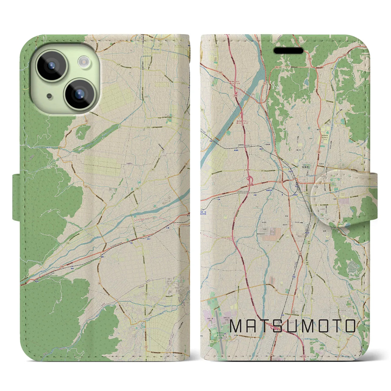 【松本(長野県)】地図柄iPhoneケース(手帳タイプ)ナチュラル・iPhone 15 用