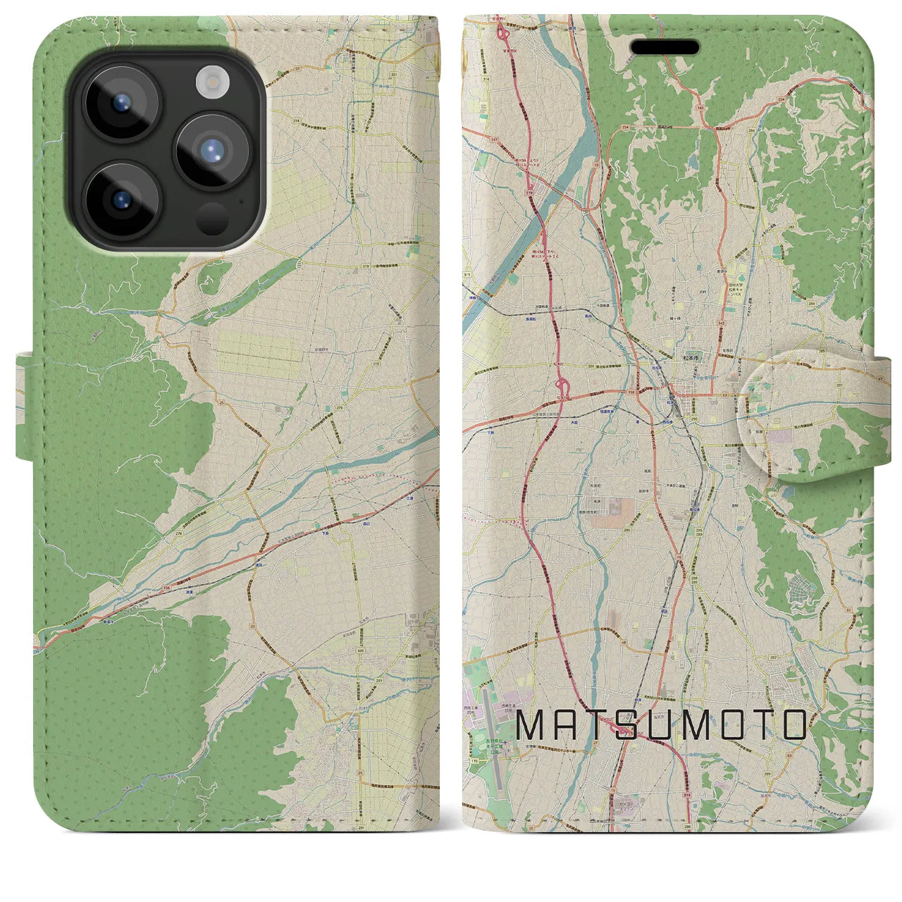 【松本(長野県)】地図柄iPhoneケース(手帳タイプ)ナチュラル・iPhone 15 Pro Max 用