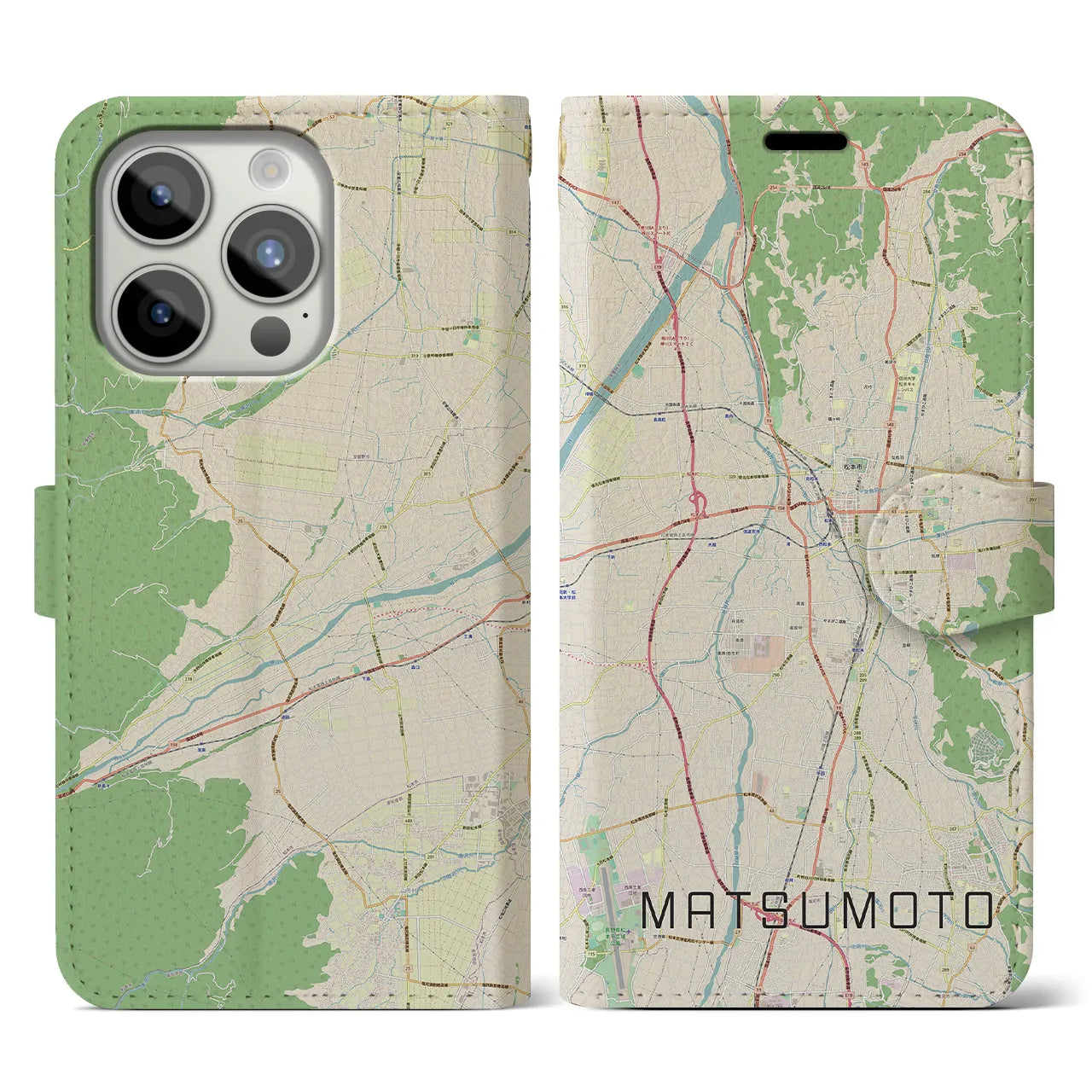 【松本(長野県)】地図柄iPhoneケース(手帳タイプ)ナチュラル・iPhone 15 Pro 用