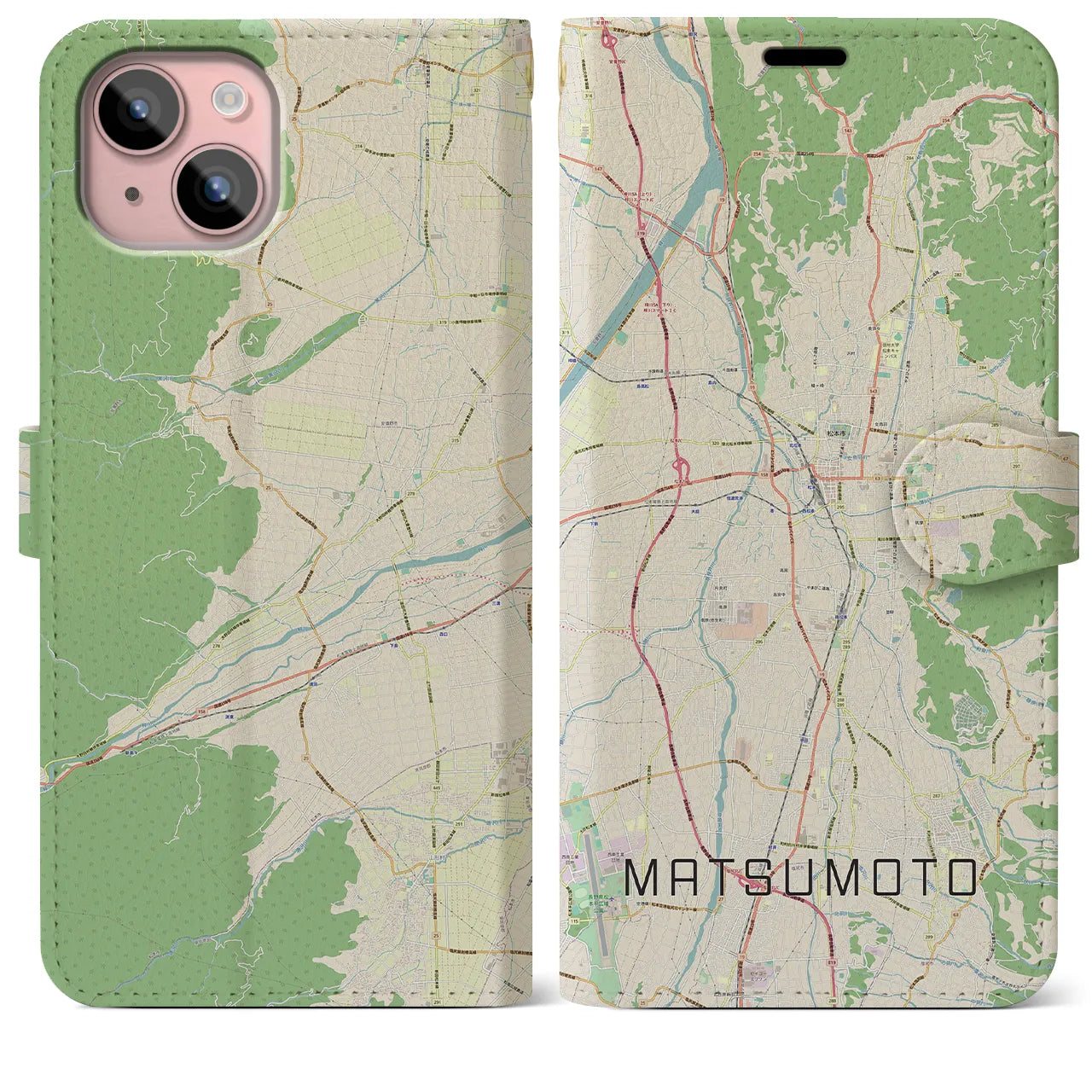 【松本(長野県)】地図柄iPhoneケース(手帳タイプ)ナチュラル・iPhone 15 Plus 用