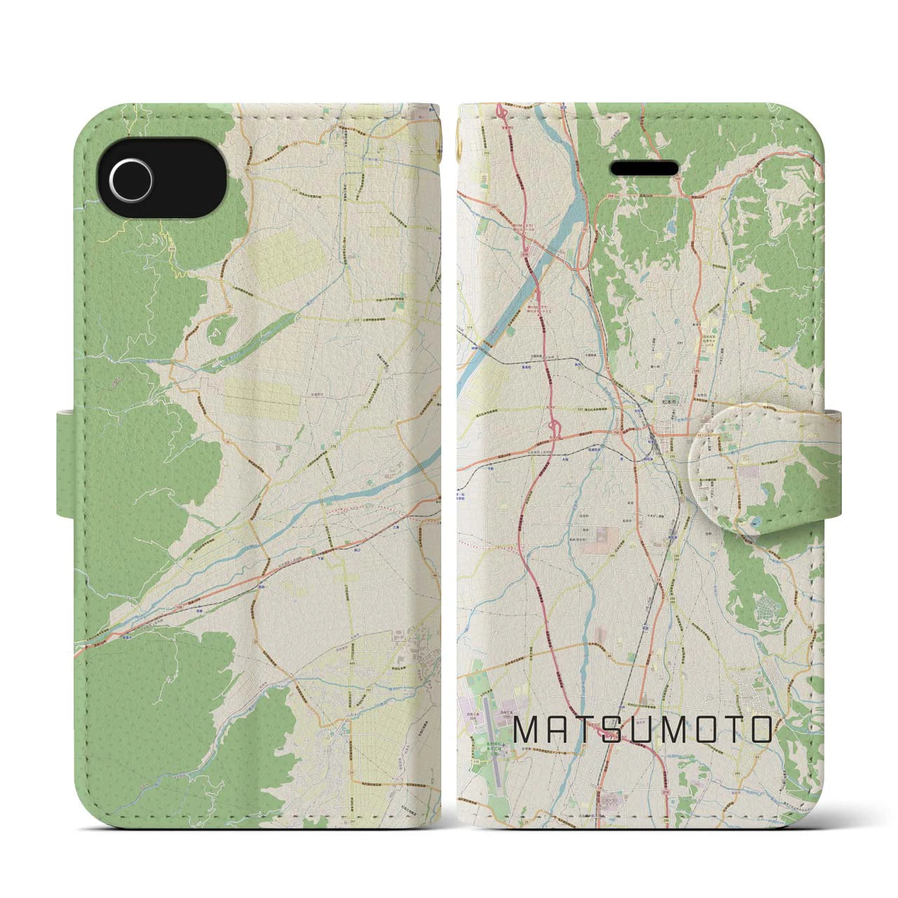 【松本(長野県)】地図柄iPhoneケース(手帳タイプ)ナチュラル・iPhone SE(第3 / 第2世代) / 8 / 7 / 6s / 6 用