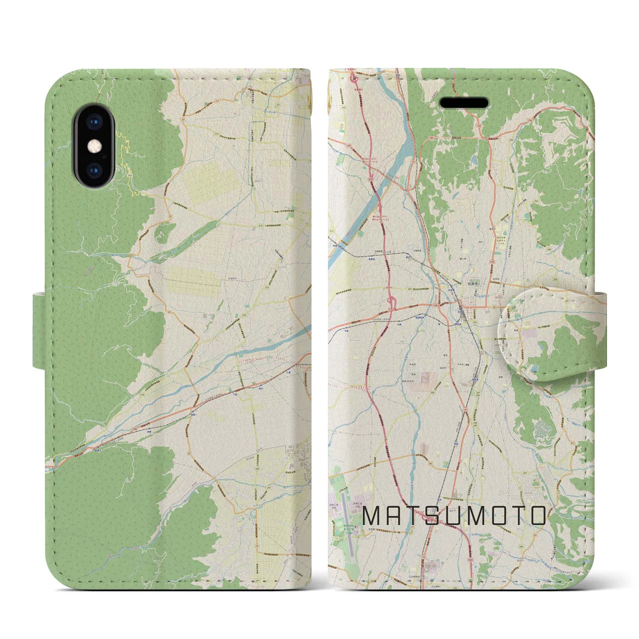 【松本(長野県)】地図柄iPhoneケース(手帳タイプ)ナチュラル・iPhone XS / X 用