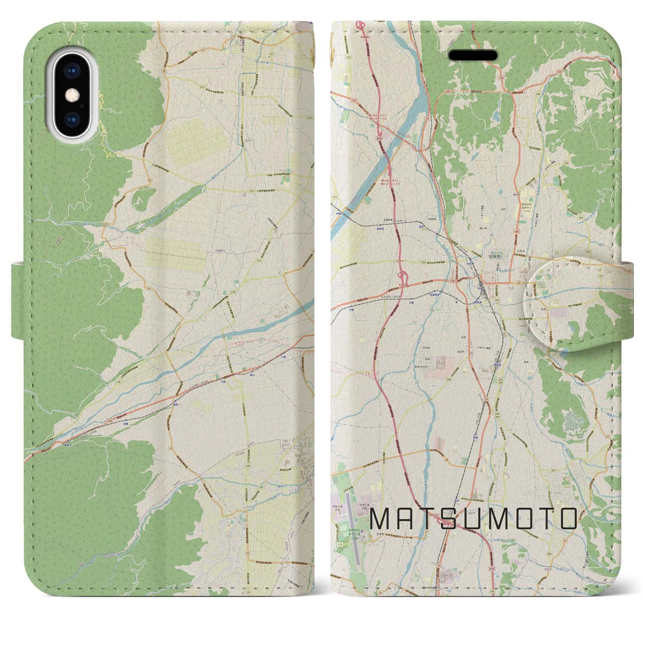【松本(長野県)】地図柄iPhoneケース(手帳タイプ)ナチュラル・iPhone XS Max 用