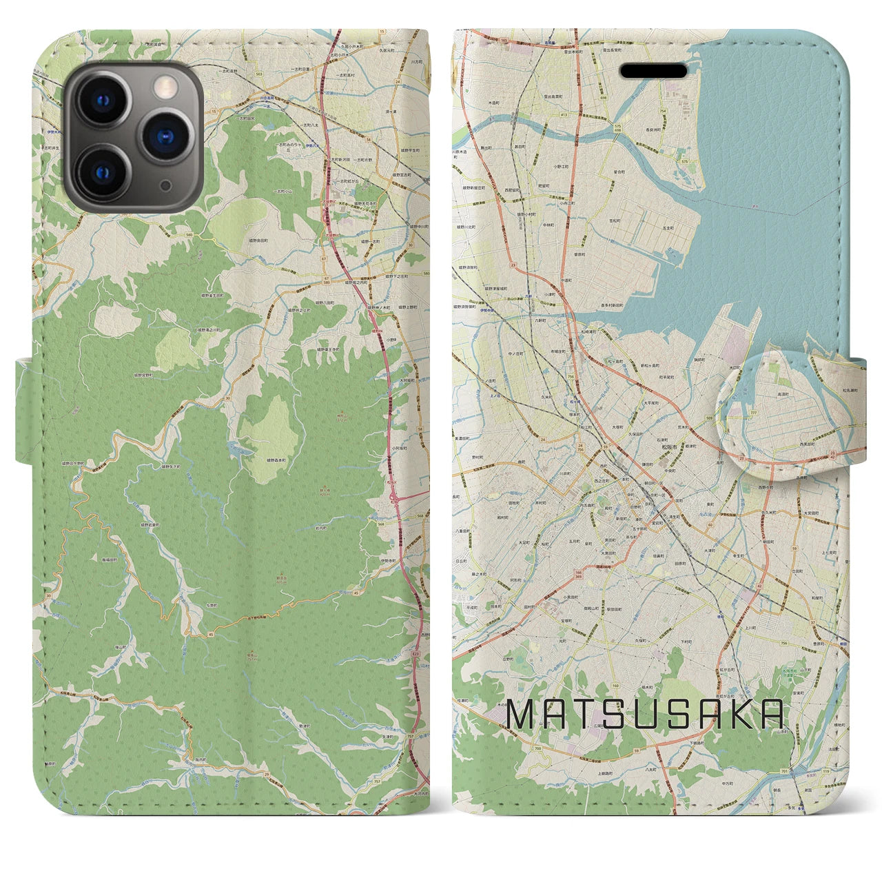 【松阪(三重県)】地図柄iPhoneケース(手帳タイプ)ナチュラル・iPhone 11 Pro Max 用