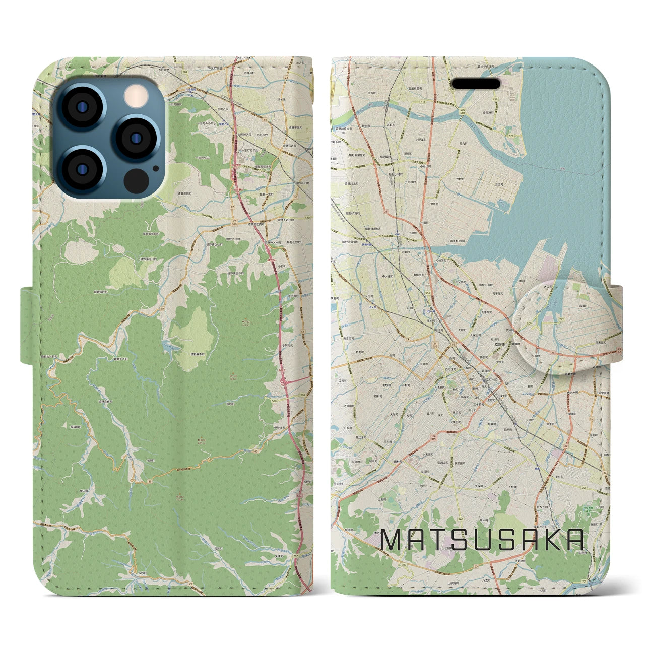 【松阪(三重県)】地図柄iPhoneケース(手帳タイプ)ナチュラル・iPhone 12 / 12 Pro 用