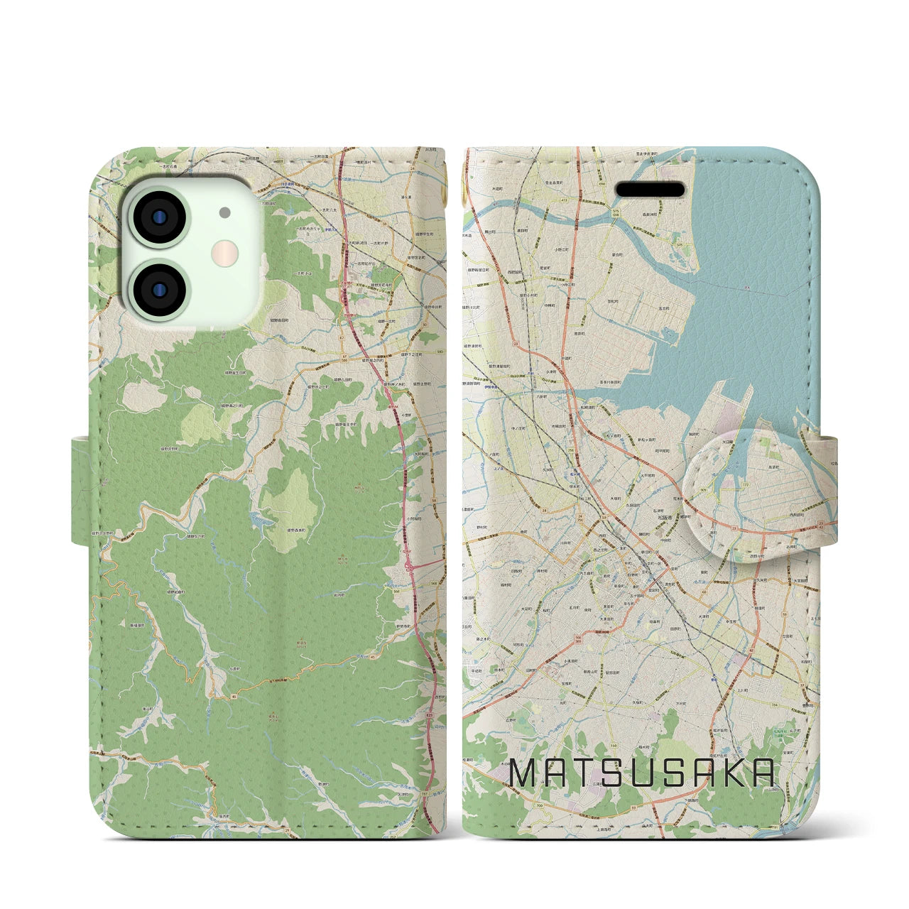 【松阪(三重県)】地図柄iPhoneケース(手帳タイプ)ナチュラル・iPhone 12 mini 用