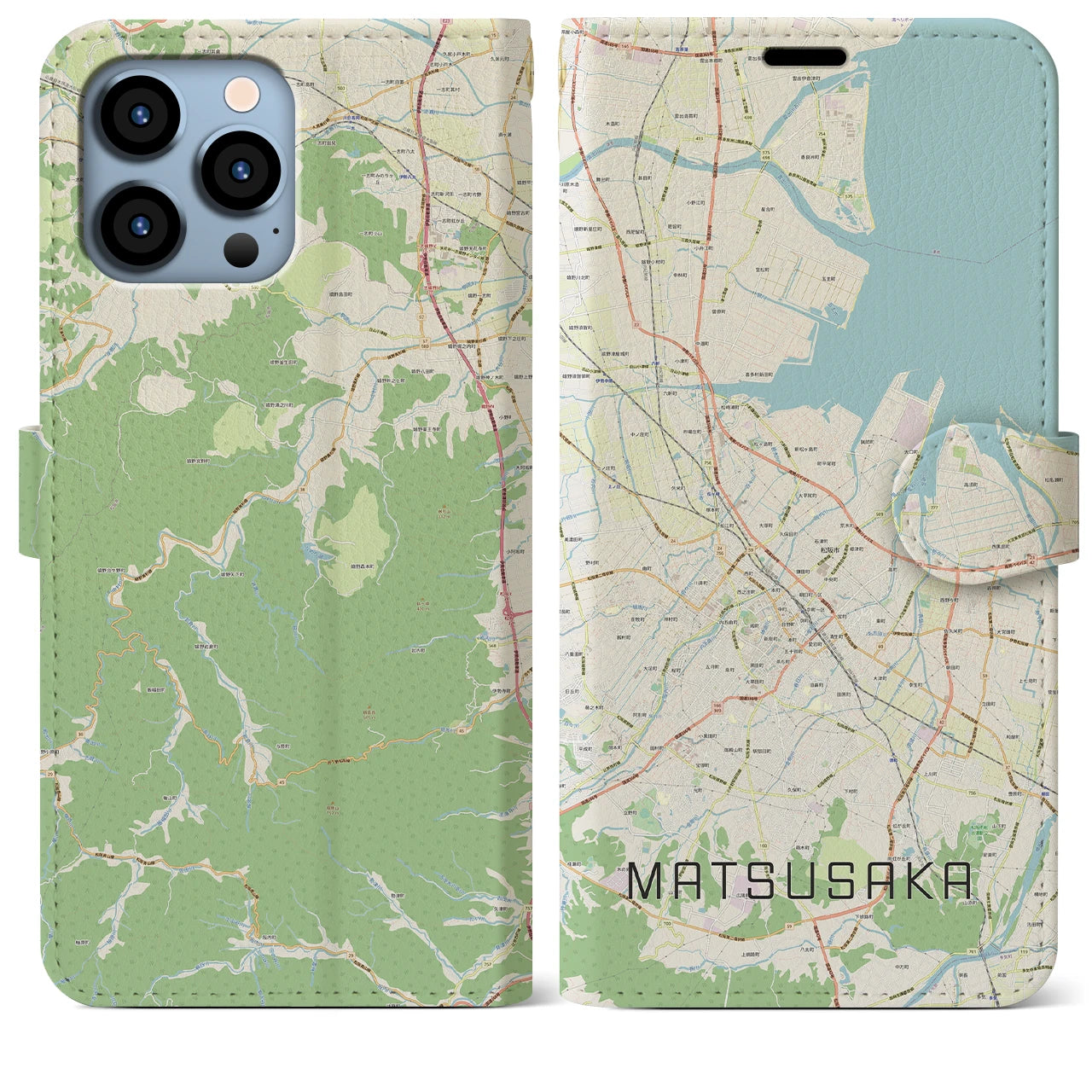 【松阪(三重県)】地図柄iPhoneケース(手帳タイプ)ナチュラル・iPhone 13 Pro Max 用