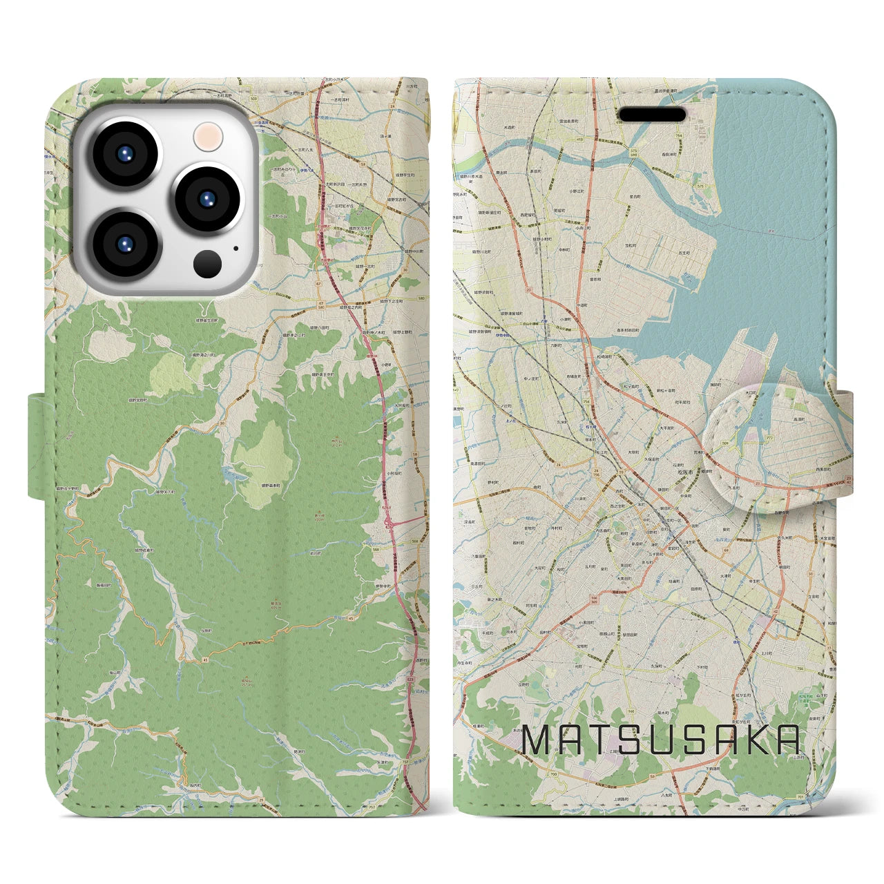 【松阪(三重県)】地図柄iPhoneケース(手帳タイプ)ナチュラル・iPhone 13 Pro 用