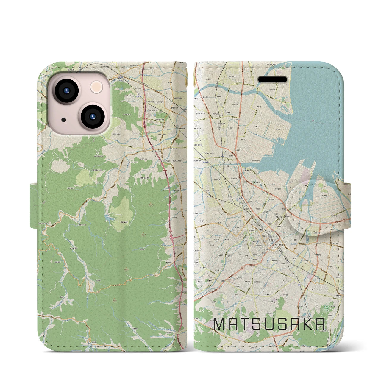 【松阪(三重県)】地図柄iPhoneケース(手帳タイプ)ナチュラル・iPhone 13 mini 用