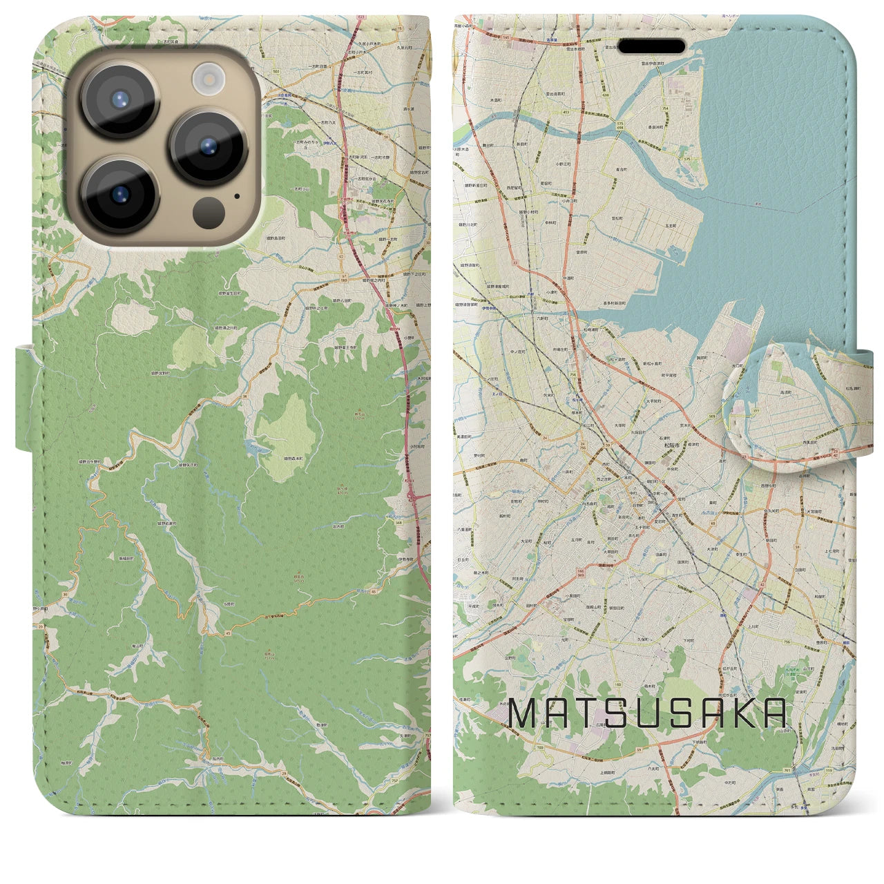 【松阪(三重県)】地図柄iPhoneケース(手帳タイプ)ナチュラル・iPhone 14 Pro Max 用