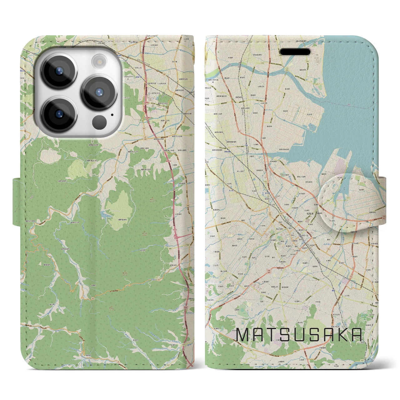 【松阪(三重県)】地図柄iPhoneケース(手帳タイプ)ナチュラル・iPhone 14 Pro 用
