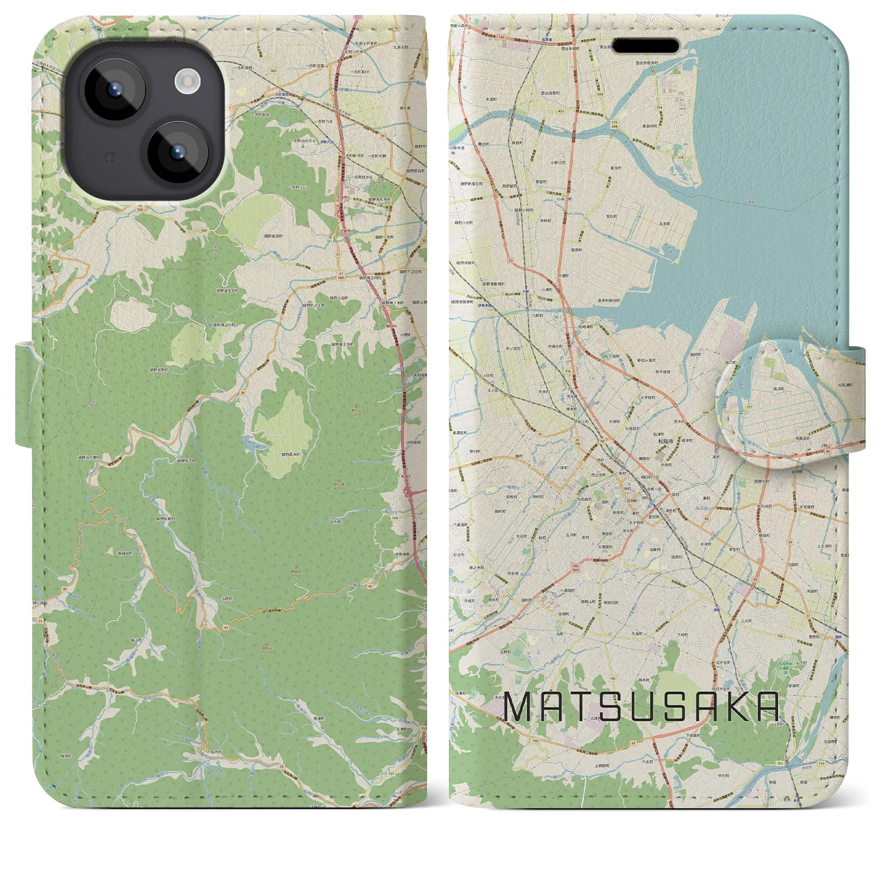 【松阪(三重県)】地図柄iPhoneケース(手帳タイプ)ナチュラル・iPhone 14 Plus 用