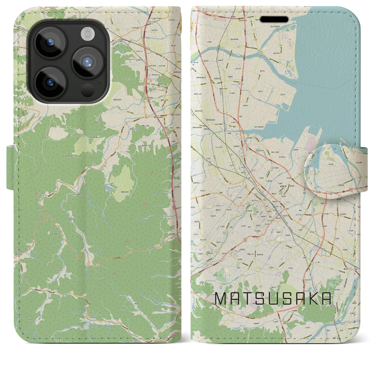 【松阪(三重県)】地図柄iPhoneケース(手帳タイプ)ナチュラル・iPhone 15 Pro Max 用